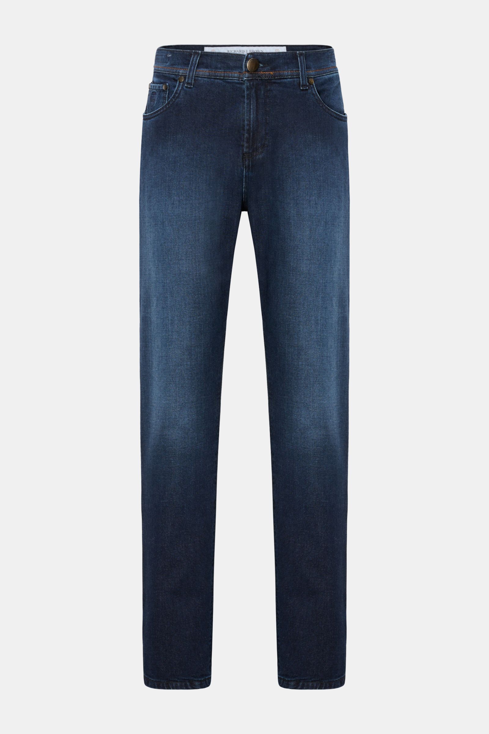Front view of Richard J. Brown Jeans 'Milano' navy, made of cotton and cashmere denim, slim fit, slightly tapered, soft touch, zipper with button, five-pocket style with coin pocket logo stitching, and leather patch.