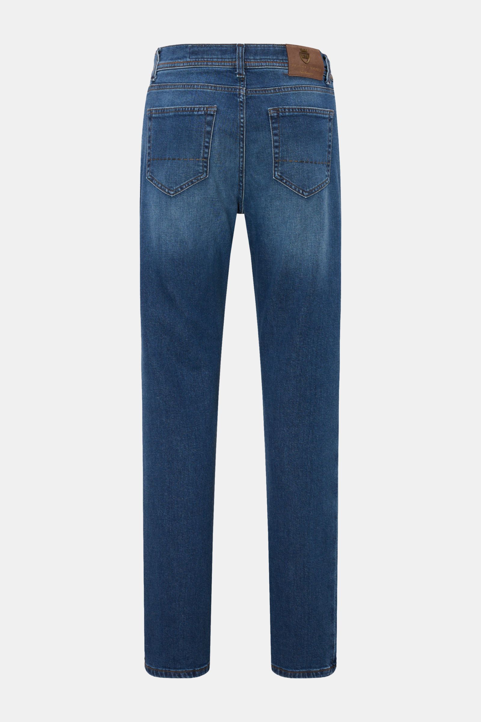 Richard J. Brown Jeans 'Milano' dunkelblau, Rückansicht, Slim Fit, leicht schmal zulaufend, Denim aus Baumwolle und Cashmere, weich, Five-Pocket-Stil, Münztasche mit Logo-Stitching, Reißverschluss, Bundknopf, Leather Patch.