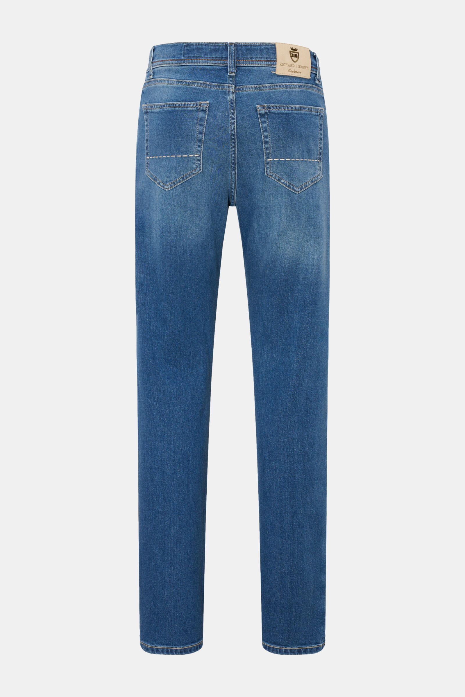 Richard J. Brown Jeans 'Milano' blau von hinten, Slim Fit, Five-Pocket, Denim aus Baumwolle und Cashmere, weich, elastisch, mit Reißverschluss, Bundknopf, Münztasche und Leather Patch.