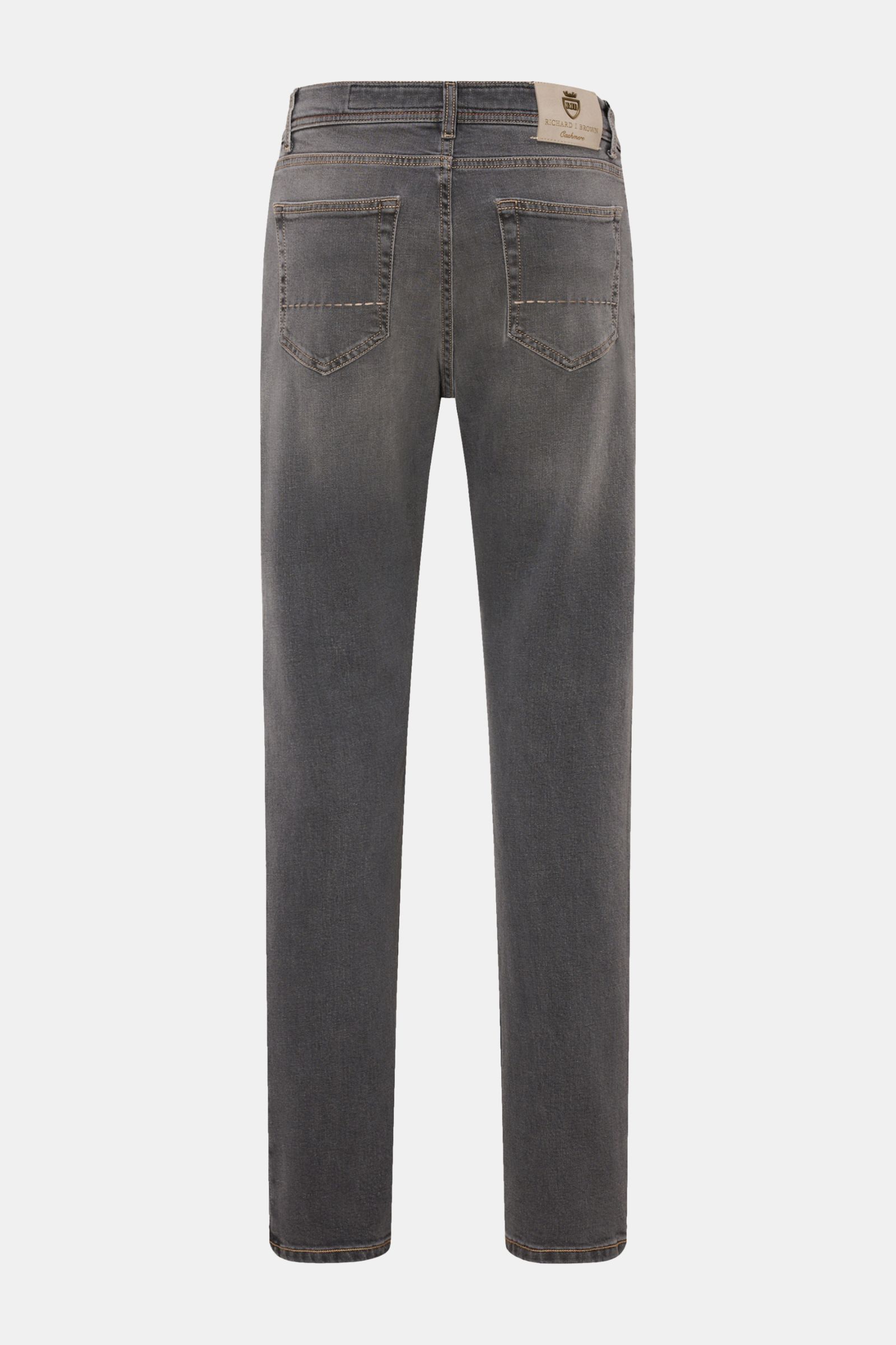 Richard J. Brown Jeans 'Milano' dunkelgrau, Rückansicht, Slim Fit, Five-Pocket-Stil, Baumwolle und Cashmere, leicht elastisch, weicher Griff, Münztasche mit Logo-Stitching, Leather Patch.