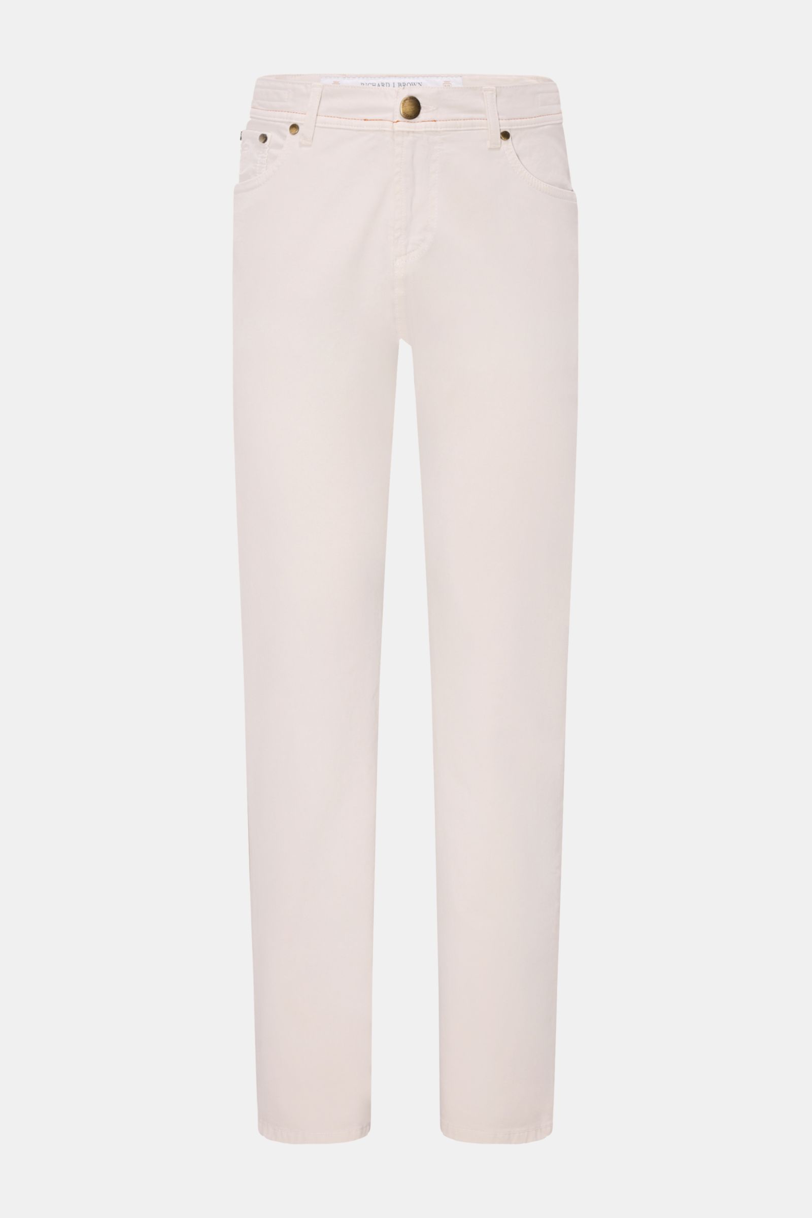 Front view of Richard J. Brown Jeans 'Milano' light grey, slim fit jeans made of cotton and cashmere with tapered cut, zip, button, five-pocket style, logo-stitched coin pocket, back pockets with stitching, and leather patch. Fine denim meets luxurious so