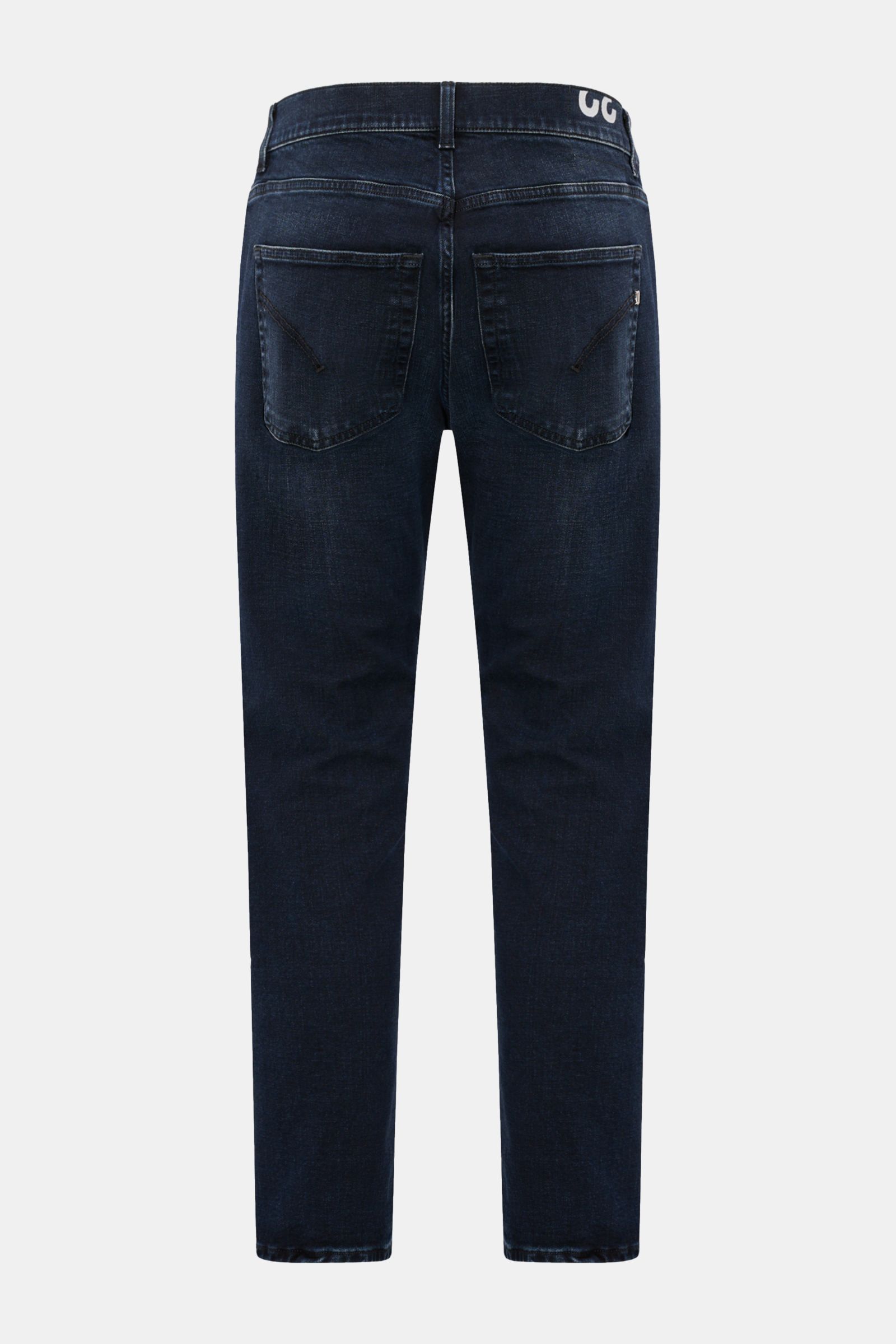Dondup Jeans 'Jeff' dunkelblau, rückseitige Ansicht, knöchellang, Carrot Fit, Baumwoll-Denim mit leicht elastischer, griffiger Haptik, französische Taschen, Metall-Initial und innenliegendes Weblabel.