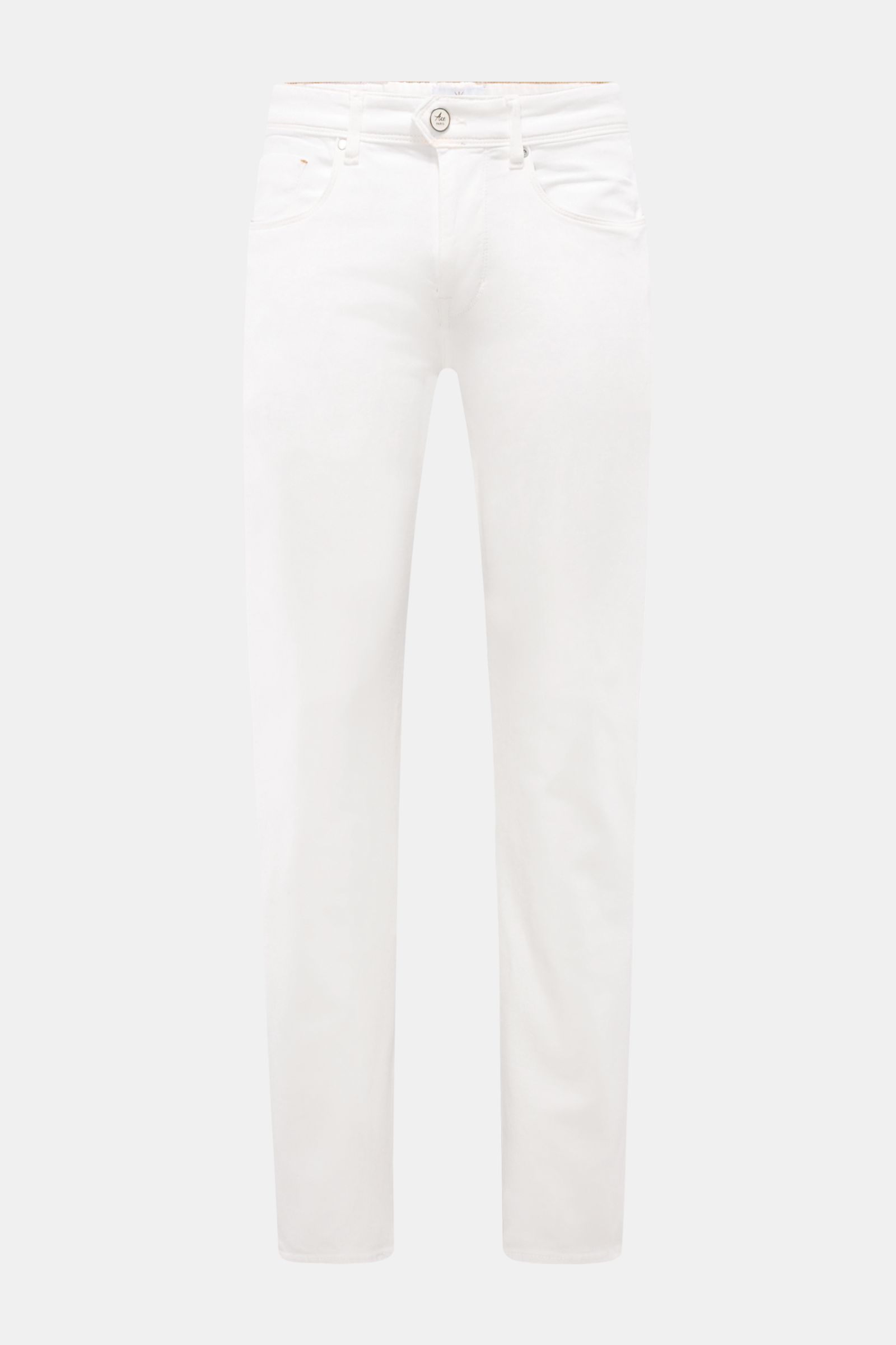 Front view of Ace Denim Jeans 'AD 15' off-white, slim fit with very tapered cut, button fly, five-pocket style, woven patch, made of cotton, lyocell, and linen denim with slight stretch and soft feel, featuring authentic used wash. ACE DENIM stands for ha
