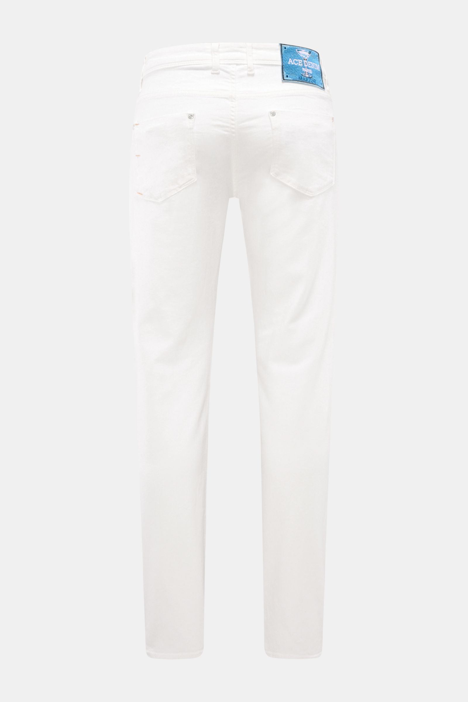 Rear view of Ace Denim Jeans 'AD 15' off-white slim fit with very tapered cut, button fly, five-pocket style, and woven patch.