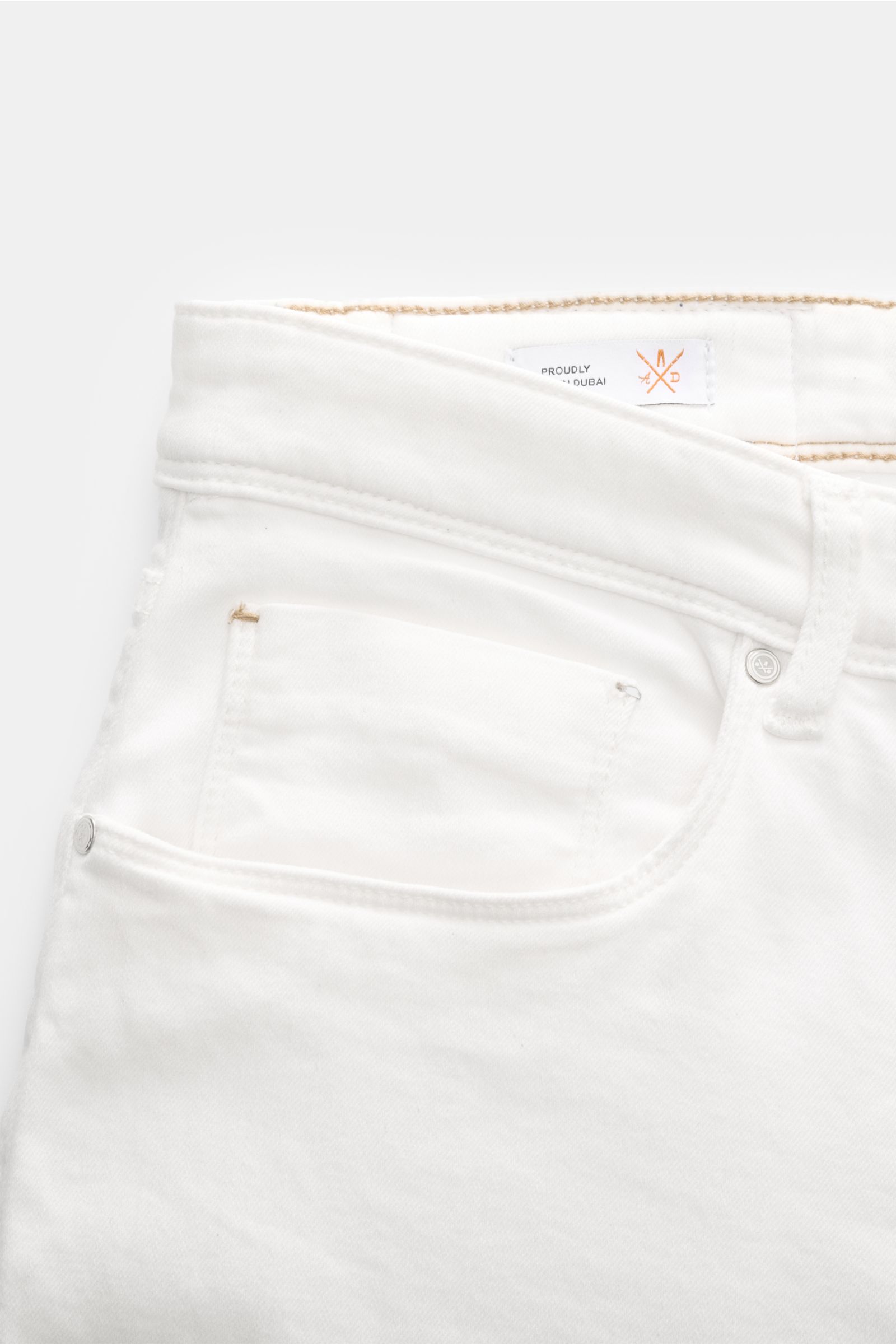 Off-white Ace Denim Jeans 'AD 15' photographed from above showing the slim fit, five-pocket style with button fly and woven patch, made of cotton, lyocell, linen blend with slight stretch, soft feel, authentic used wash, very tapered cut, and coin pocket.