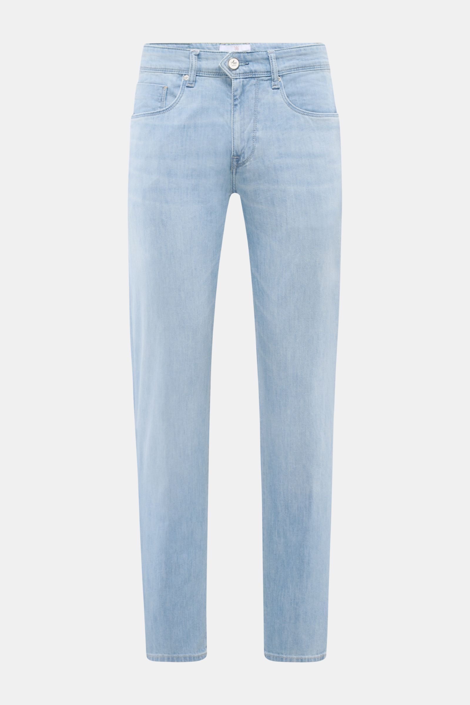 Front view of Ace Denim Jeans 'AD 15 bleached' light blue, slim fit with very tapered cut, button fly, five-pocket style, coin pocket, woven patch. ACE DENIM stands for hand-made jeans and sustainable production processes – the model 'AD 15' is made of a 