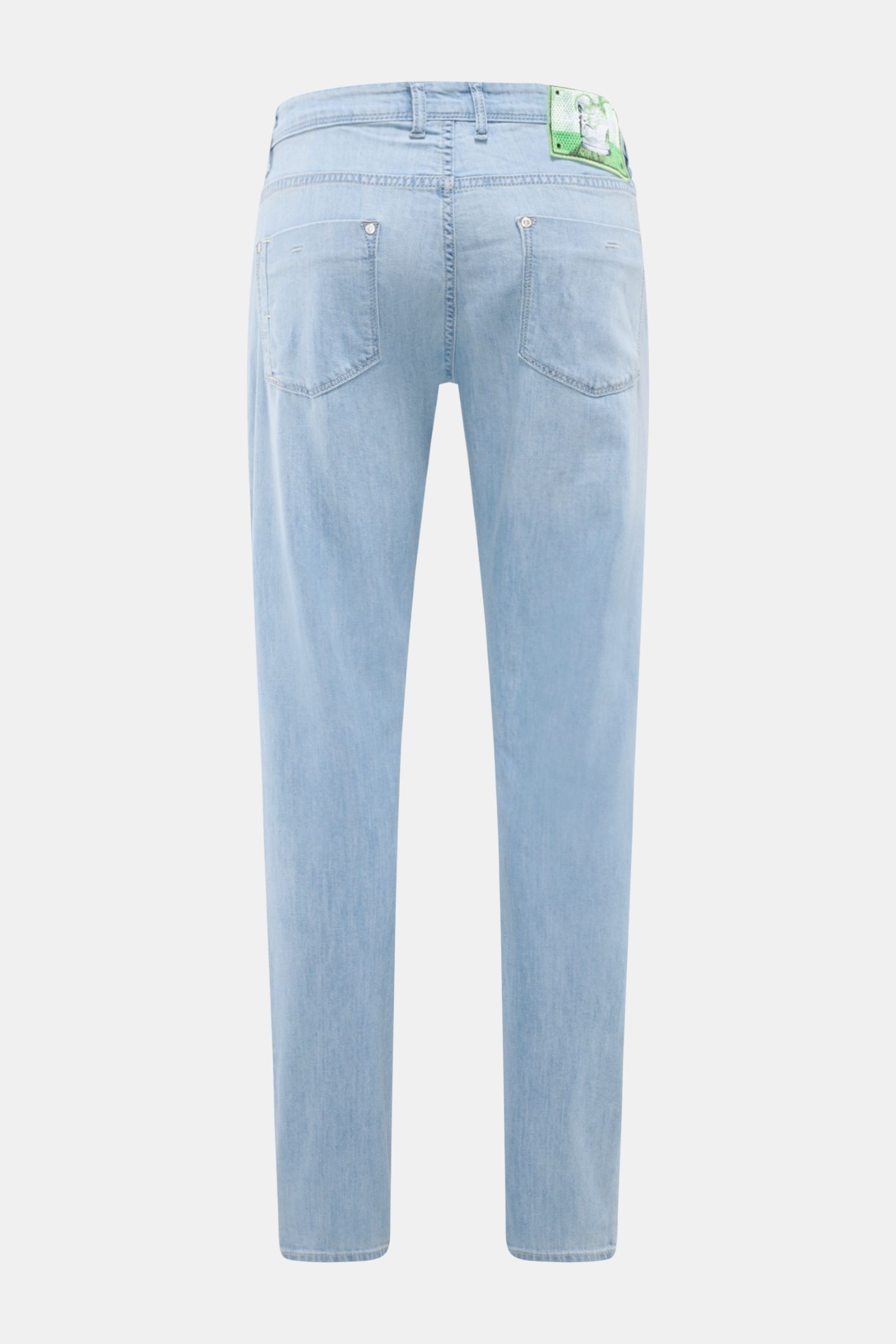 Back view of Ace Denim Jeans 'AD 15 bleached' light blue, slim fit with very tapered cut, authentic used wash, button fly, five-pocket style, soft cotton, lyocell, and linen blend with slight stretch, featuring a woven patch and coin pocket. ACE DENIM sta