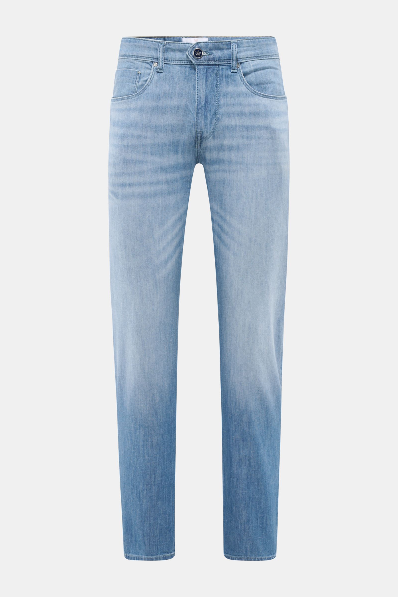 Front view of Ace Denim Jeans 'AD 15 bleached' smoky blue, slim fit with very tapered cut, button fly, five-pocket style, and authentic used wash.  

Description: ACE DENIM stands for hand-made jeans and sustainable production processes – the model 'AD