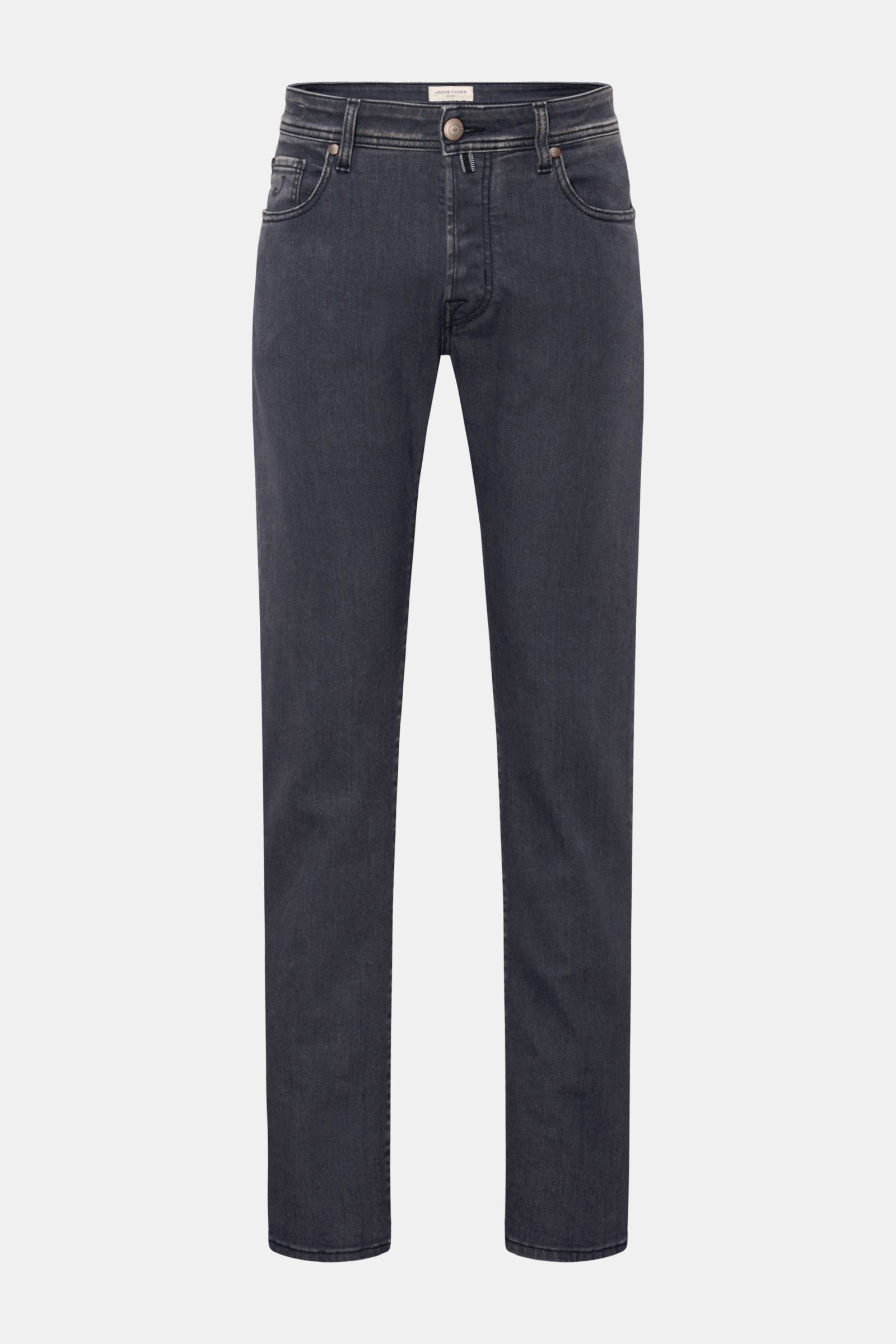 Front view of Jacob Cohen Jeans 'Bard' dunkelgrau, slim fit in dark gray elastic cotton denim, button fly, five-pocket style with leather patch, soft touch. Modern luxury for everyday wear.