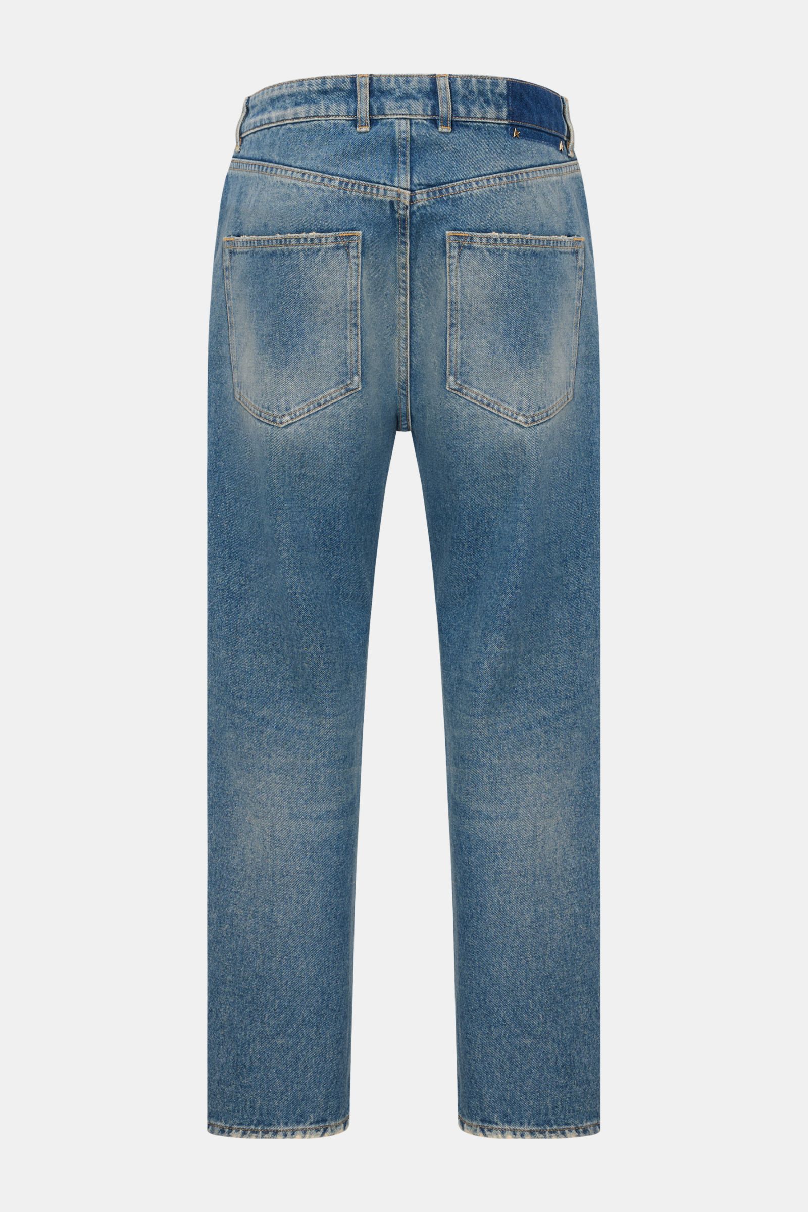 Golden Goose Jeans 'Happy' rauchblau, hinten fotografiert, Denim, Used-Waschung, Distressed, Regular Fit, Five-Pocket, Button-Fly, kurzer Schnitt.