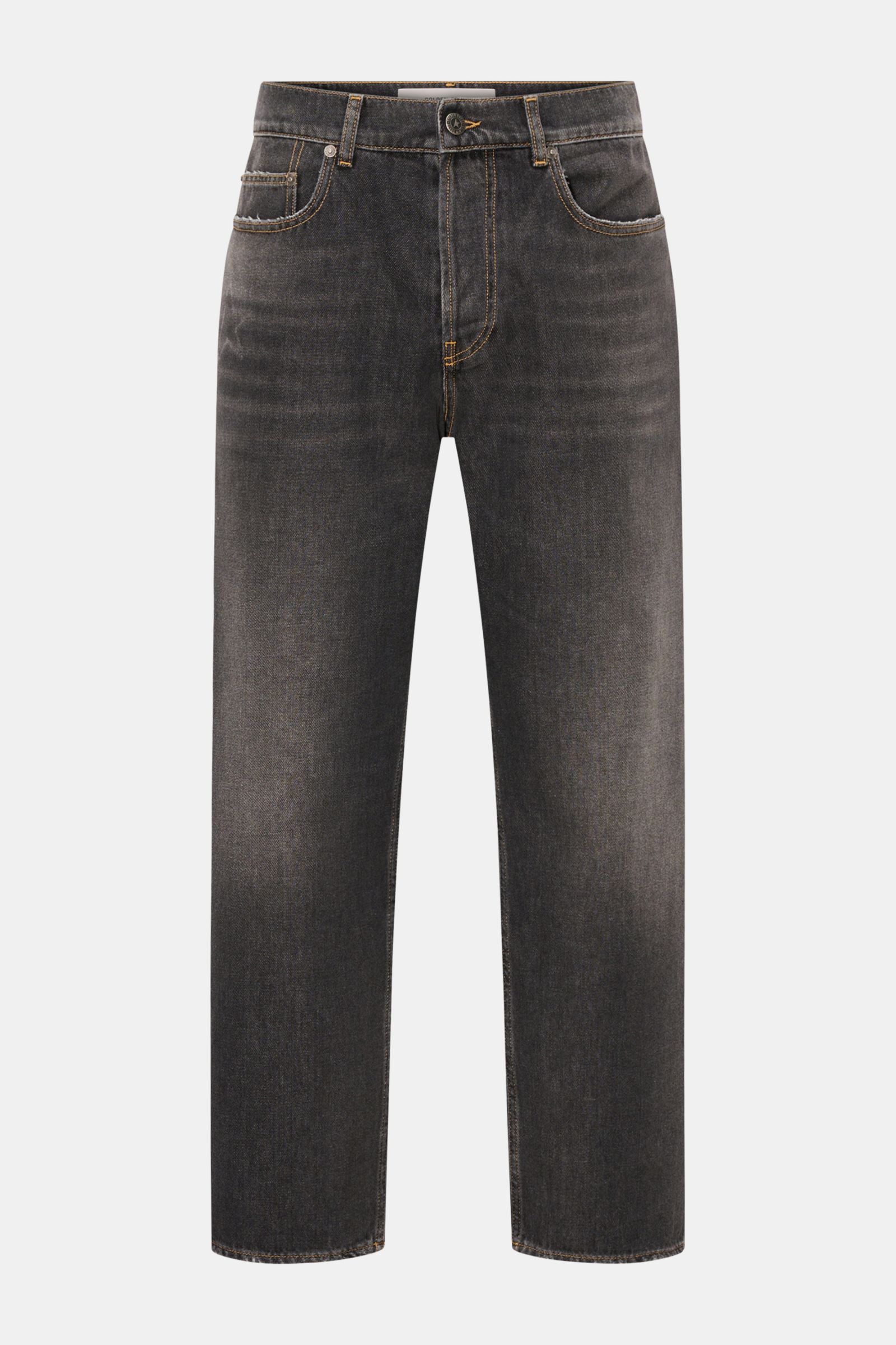 Golden Goose Jeans 'Cory Loose Skate' dunkelgrau, frontale Ansicht, knöchellang, Loose Fit, reine Baumwolle, leichte Distressed-Effekte, Button-Fly, Five-Pocket-Stil, Metall-Stern-Patch.