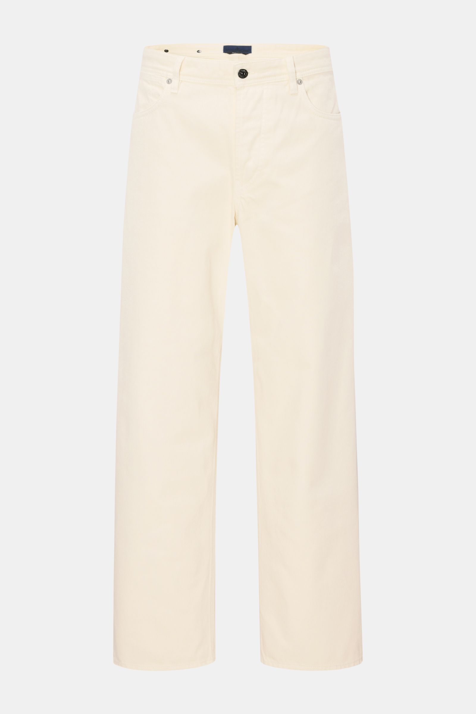 Stone Island Jeans 'Light Bull Denim' creme, frontale Ansicht, Loose Fit, gerader Schnitt, knöchellang, Button Fly, Five-Pocket-Stil, Kompass-Badge.