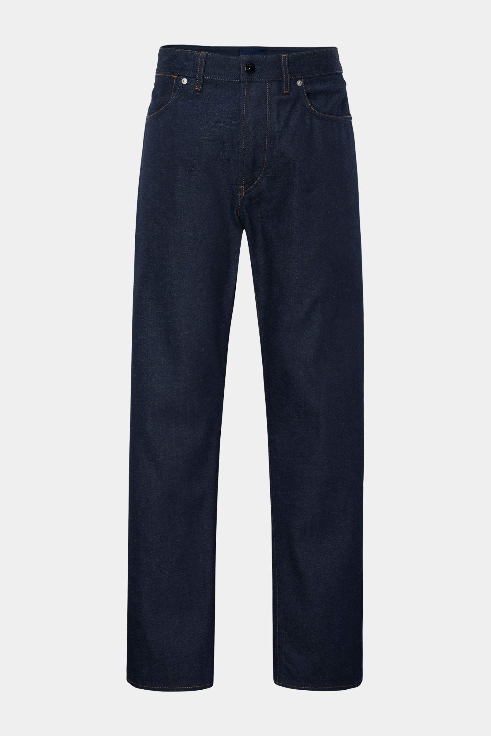 Front view of Stone Island Jeans 'Selvedge Indigo Denim - Raw' navy in straight fit, raw selvedge denim with button fly, five-pocket style, and compass badge on waistband.