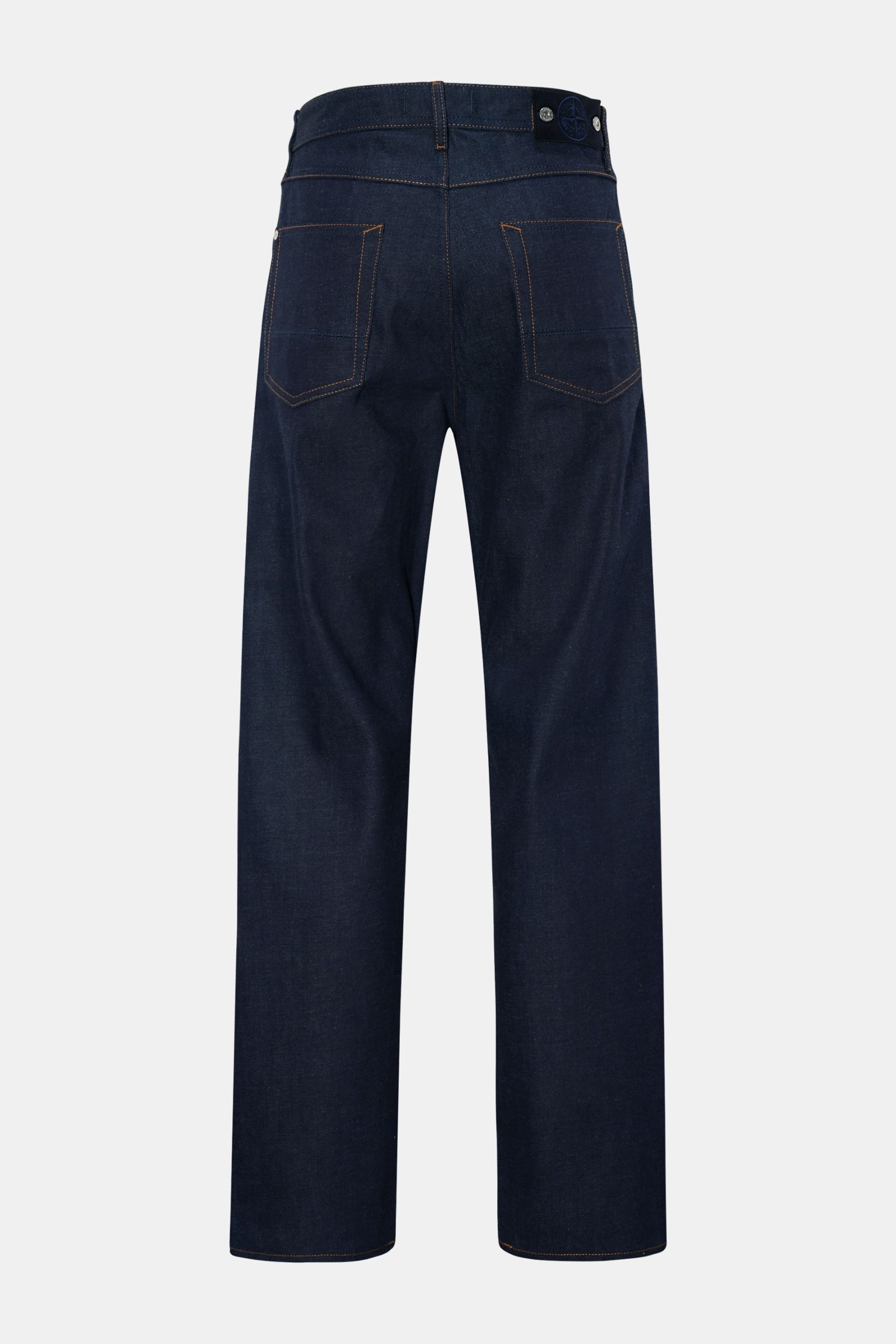 Stone Island Jeans 'Selvedge Indigo Denim - Raw' navy shown from the back, straight fit raw denim with classic five-pocket style and compass badge.