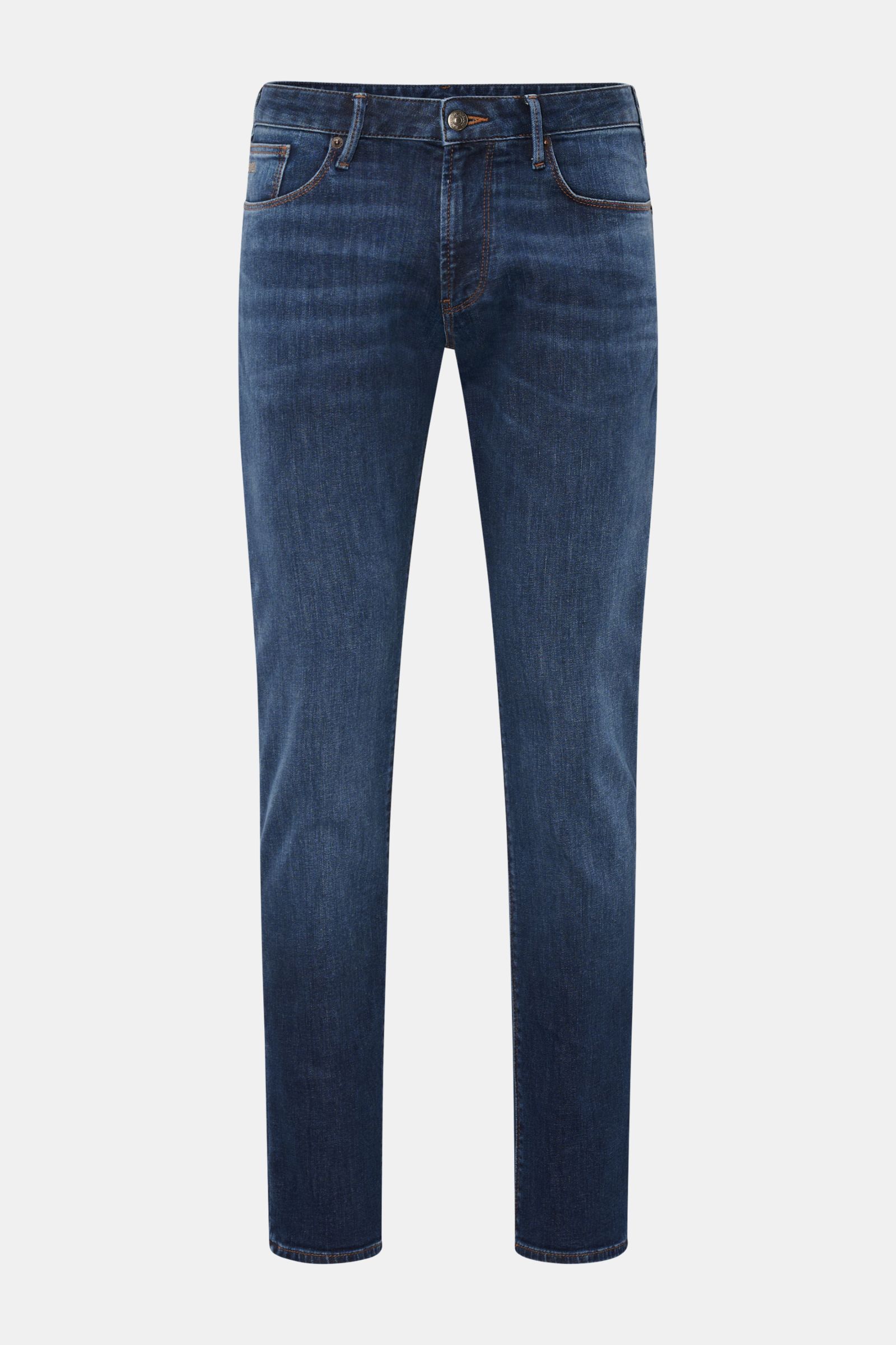 Alt tag (125 characters max):
Front view of Emporio Armani Jeans dark blue, slim fit with tapered cut, authentic wash, five-pocket style, and metal logos.

Additional description:
Comfort meets style: These jeans by EMPORIO ARMANI have a comfortable fe