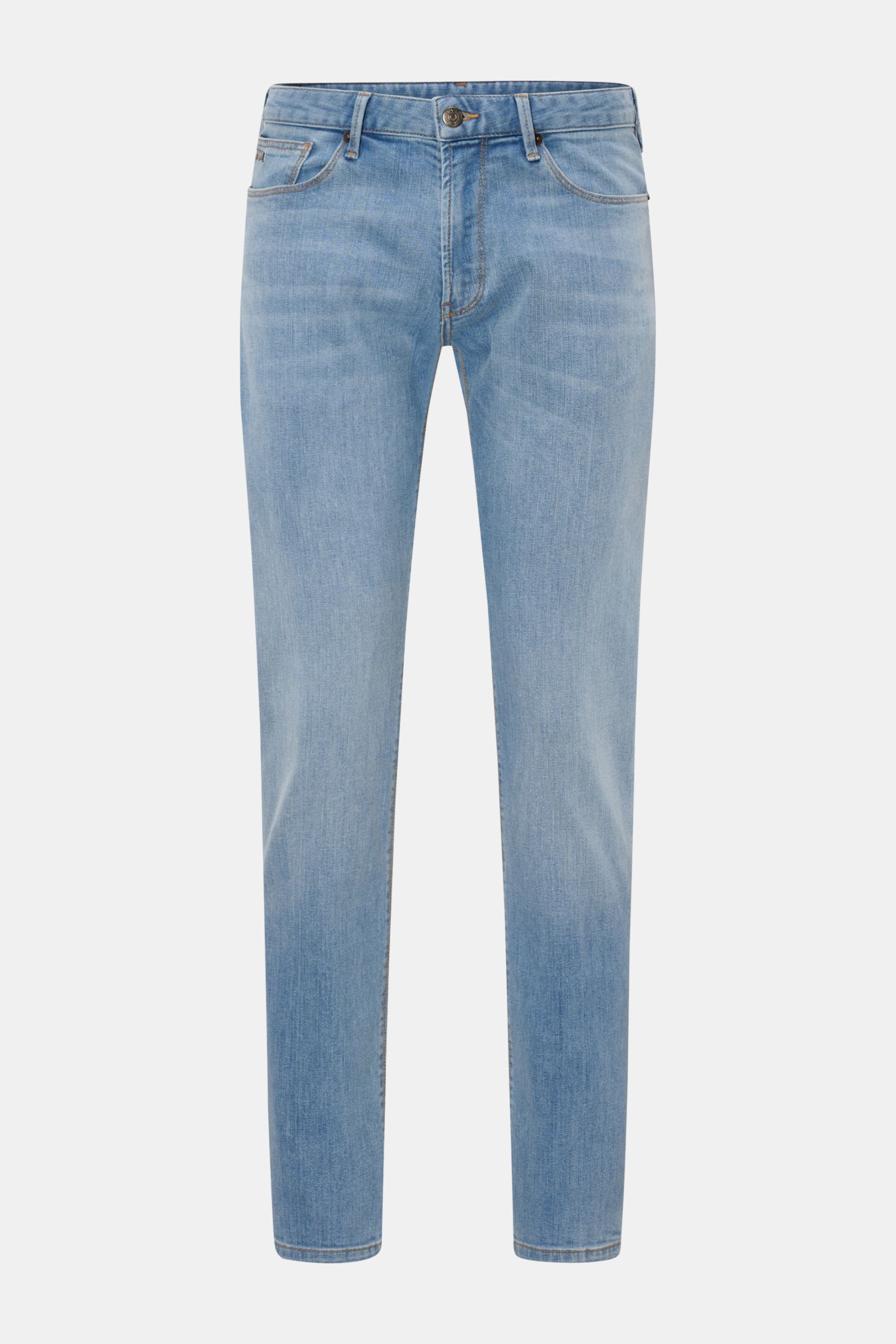Emporio Armani Jeans rauchblau in Slim Fit, elastischer Baumwolle, Five-Pocket-Stil, authentischer Waschung, von vorne fotografiert.
