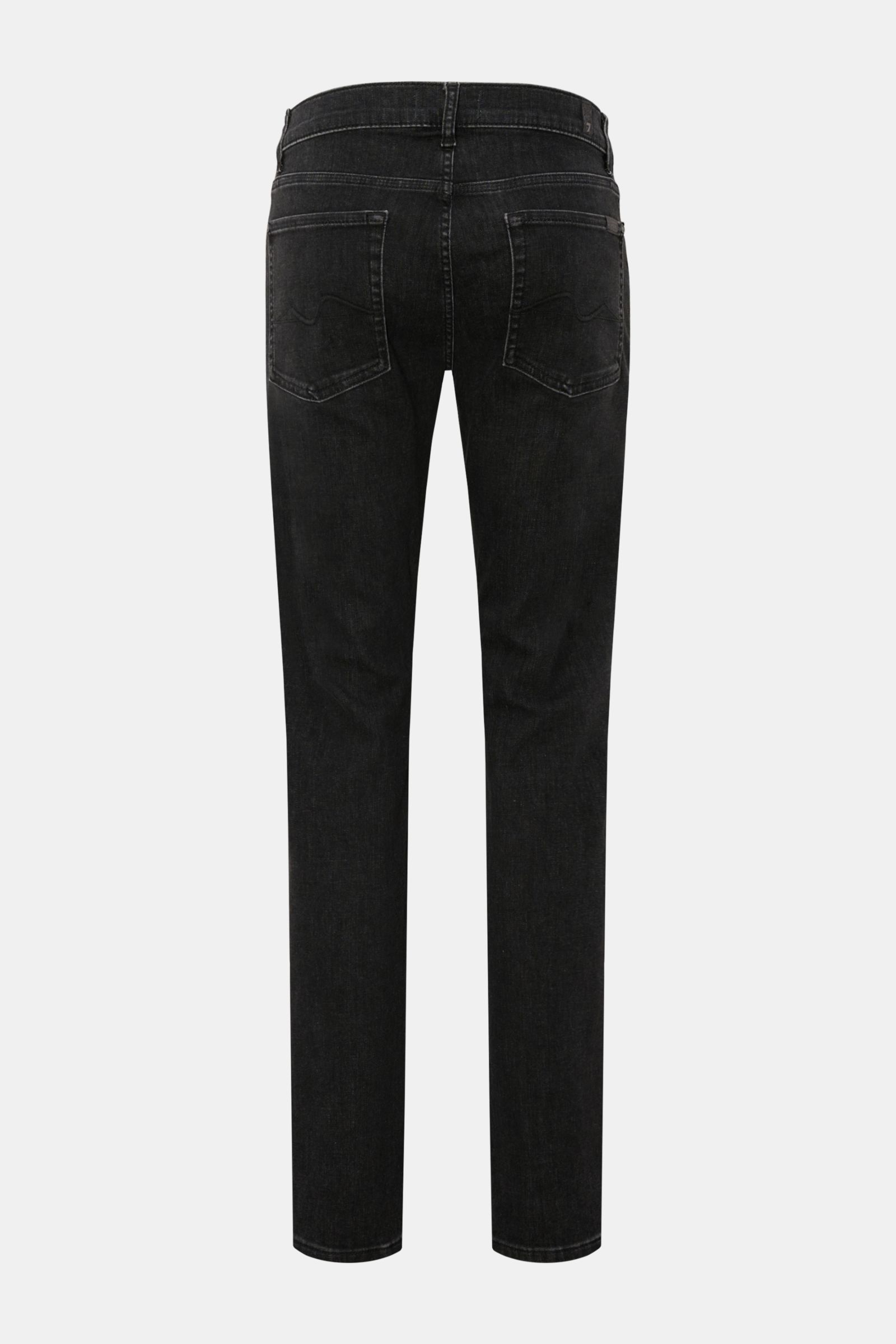 Back view of 7 for all mankind Jeans 'Slimmy' dark grey, slim fit with subtle used wash, five-pocket style, zip fly, and stitched back pockets.

Description: 
Seven pairs of jeans should be enough to get you through life – that’s the philosophy of deni