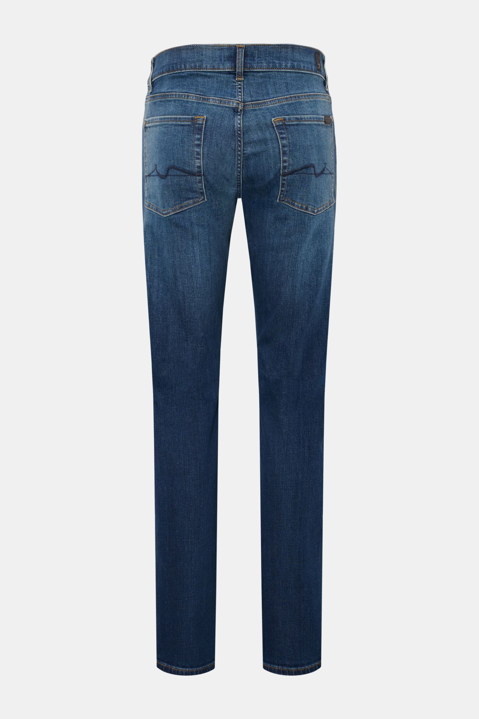 7 for all mankind Jeans 'Slimmy Industrial' blau, Rückansicht, Slim Fit, elastischer Denim, dezente Used-Waschung, Five-Pocket-Stil, Gesäßtaschen mit Stitching, Zip Fly, Weblabel am Bund.