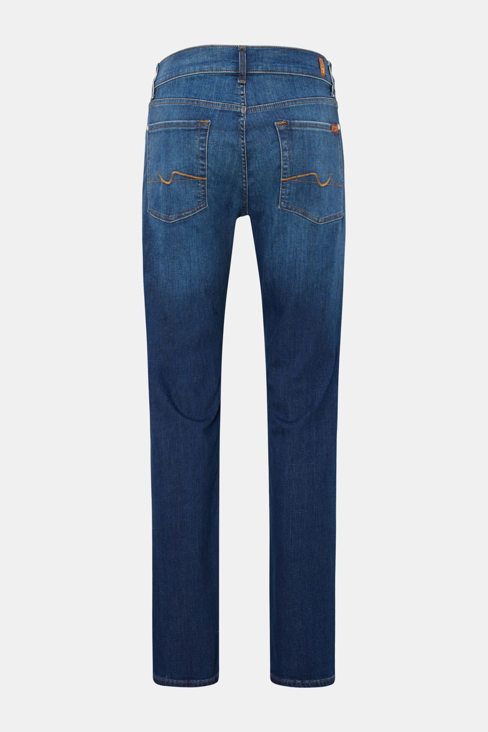 Rear view of 7 for all mankind Jeans 'Slimmy' dark blue in slim fit with authentic used wash, five-pocket style, and back pocket stitching.

Seven pairs of jeans should be enough to get you through life – that’s the philosophy of denim label 7 FOR ALL 