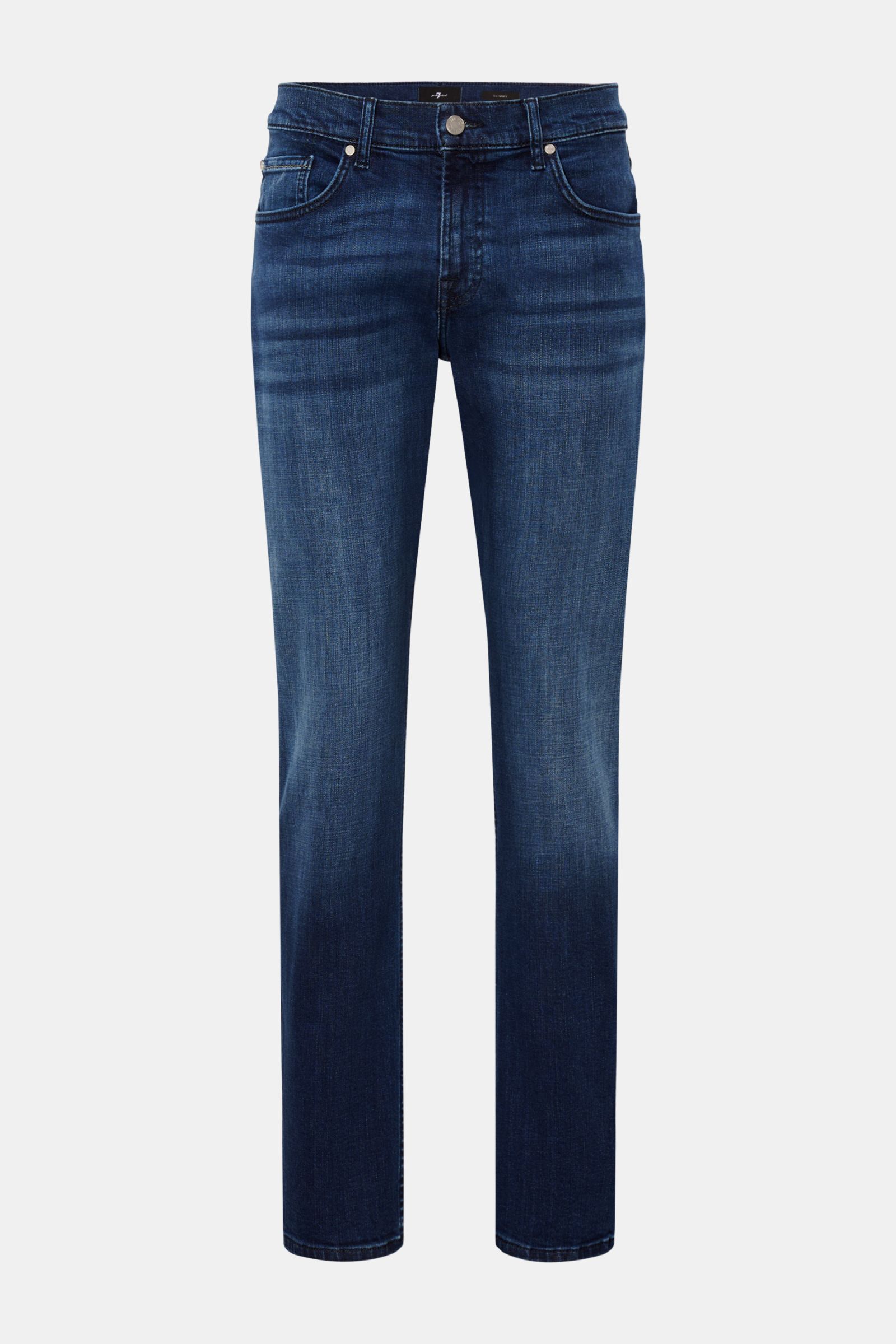 7 for all mankind Jeans 'Slimmy' dark blue shown from the front, slim fit with subtle used wash, elasticated cotton, zip fly, five-pocket style, back pockets with stitching, slightly tapered cut, and small woven label on the waistband. Seven pairs of jean