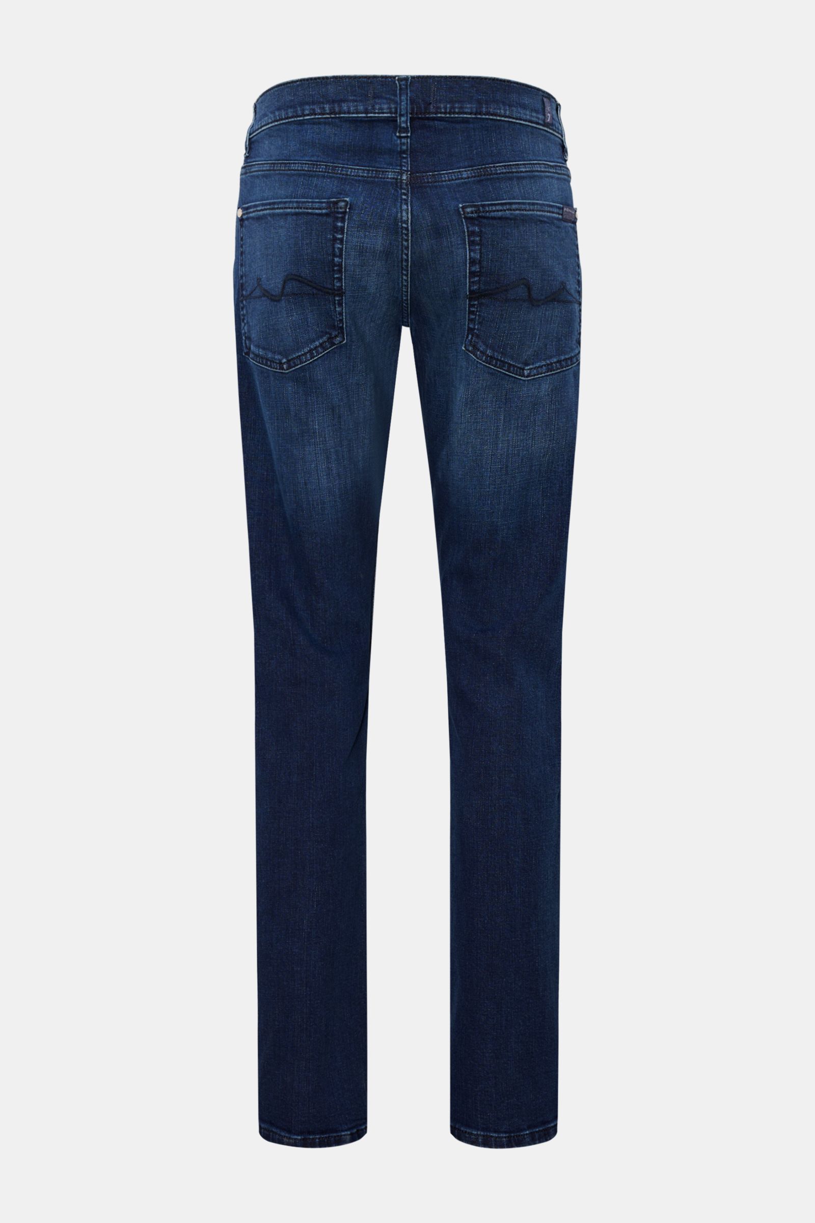 7 for all mankind Jeans 'Slimmy' dark blue shown from rear view with elasticated cotton, subtle used wash, slim fit, tapered cut, zip fly, five-pocket style, back pockets with stitching, and small woven label on waistband. Seven pairs of jeans should be e