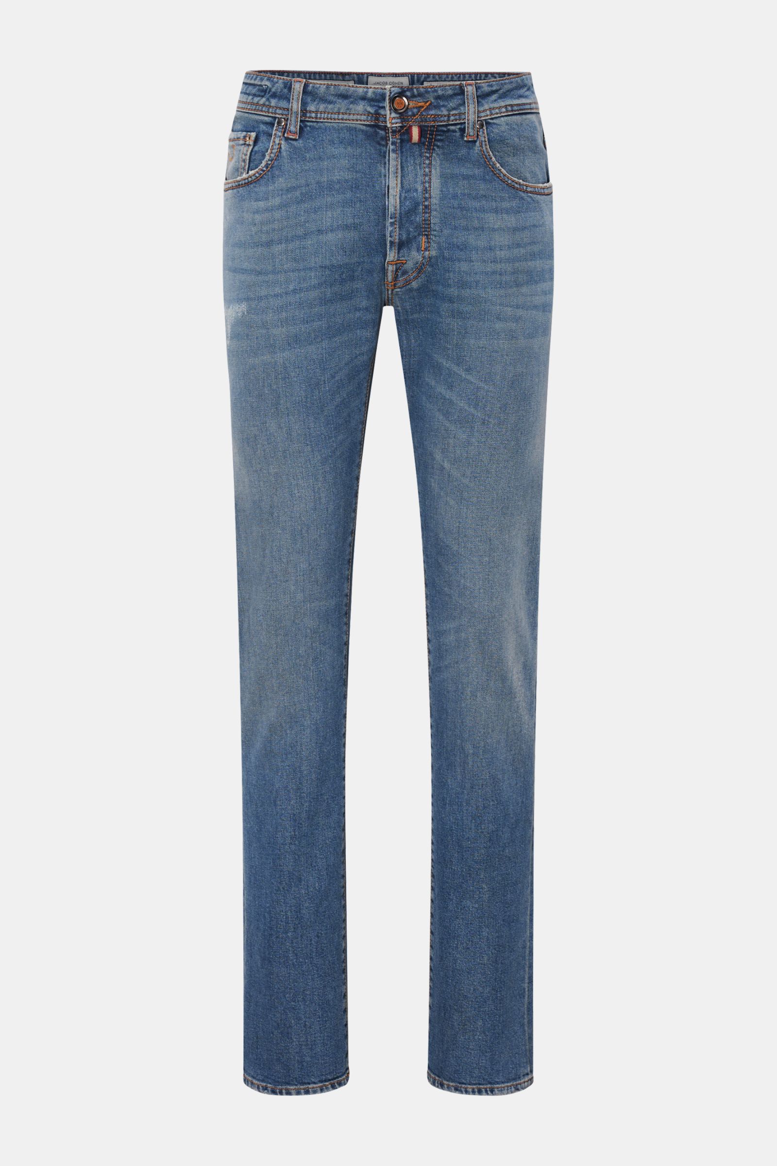 Front view of Jacob Cohen Jeans 'Bard' smoky blue, slim fit with tapered cut, robust cotton and lyocell denim, subtle used wash, button fly, five-pocket style, and distinctive stitching details.
