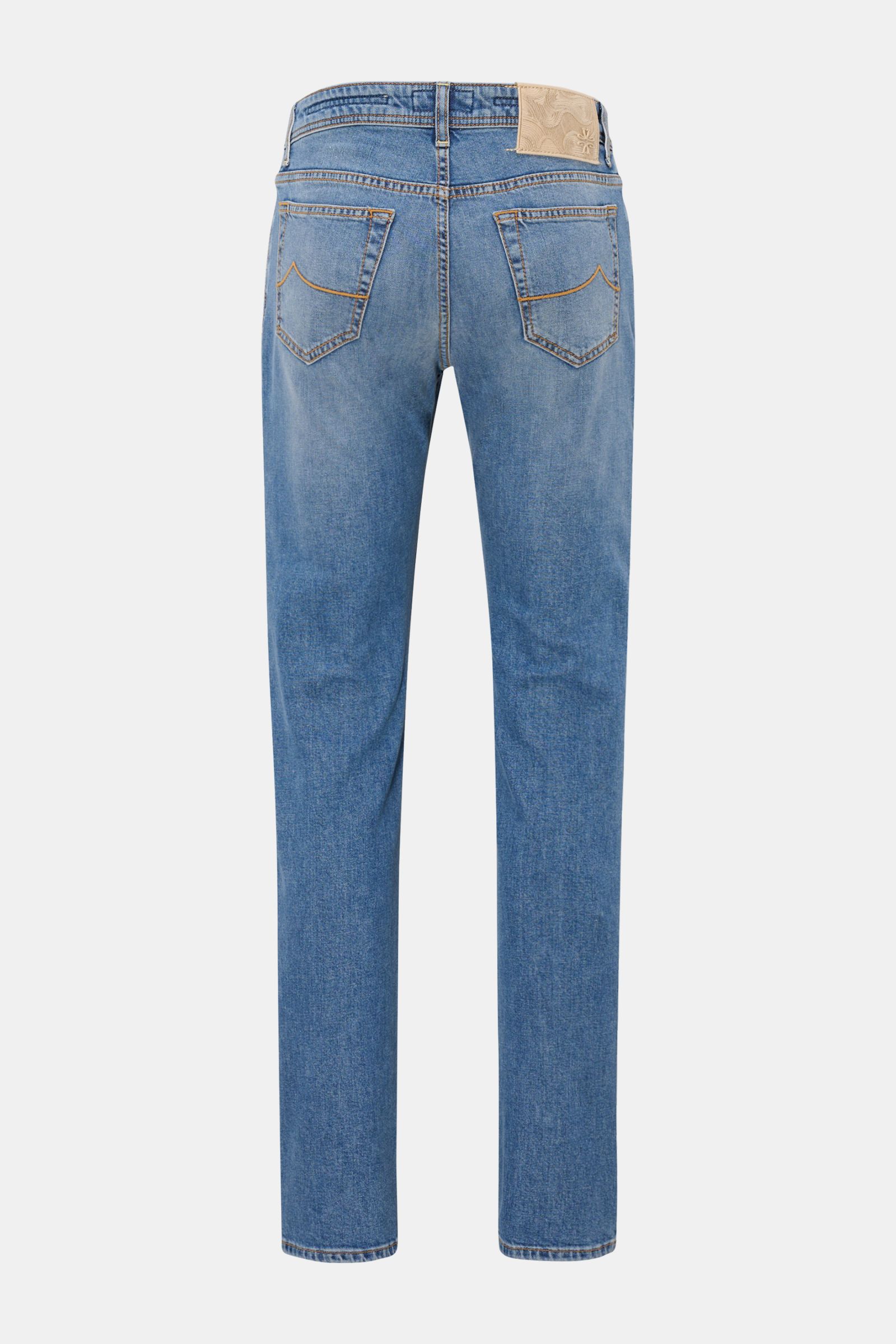 Jacob Cohen Jeans 'Bard' blau, Rückansicht, slim Fit, Baumwolle mit Lyocell, softer Griff, dezente Used-Waschung, Five-Pocket-Stil.