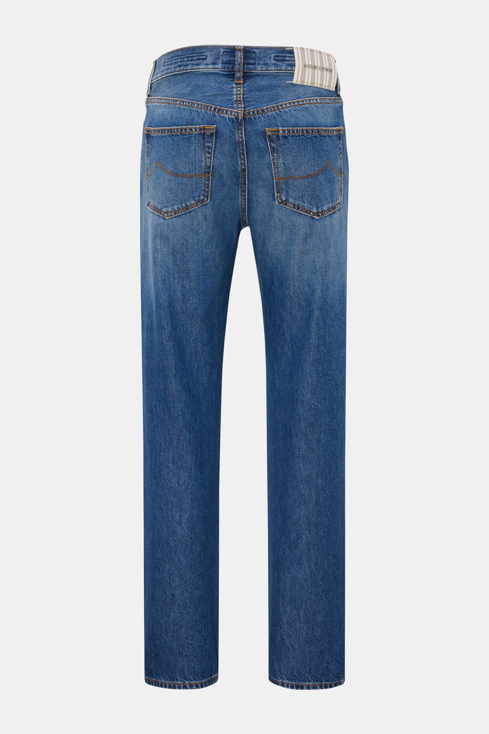 Jacob Cohen Jeans 'Edo' dunkelblau, Slim Fit, knöchellang, gerader Schnitt, dezente Used-Waschung, Rückansicht mit Five-Pocket-Stil.