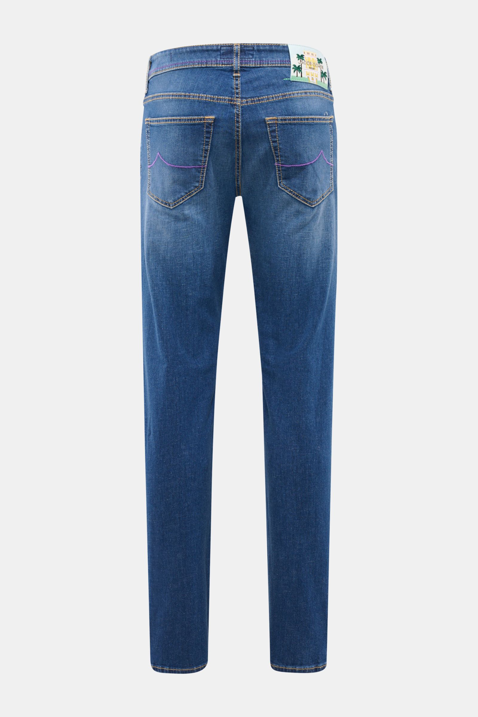 Jacob Cohen Jeans 'Bard Resort' dunkelblau, Rückansicht, Slim Fit, Baumwolle-Leinen-Denim, Used-Waschung, Palmen-Stitching, Button Fly, Five-Pocket-Stil.
