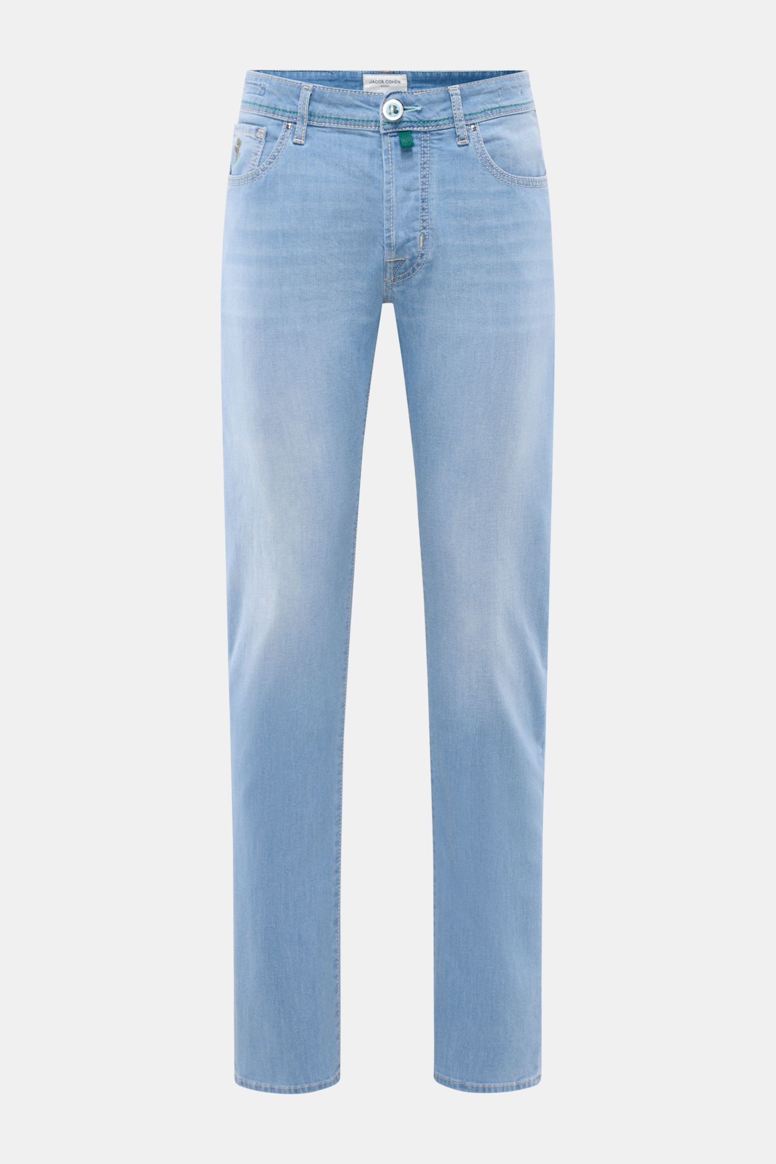 Front view of Jacob Cohen Jeans 'Bard LTD' light blue with button fly, slim tapered fit, subtle used wash, and contrasting calfskin patch.

Description: Modern nonchalance combined with unmistakeable details like the distinctive calfskin patch: these, alo