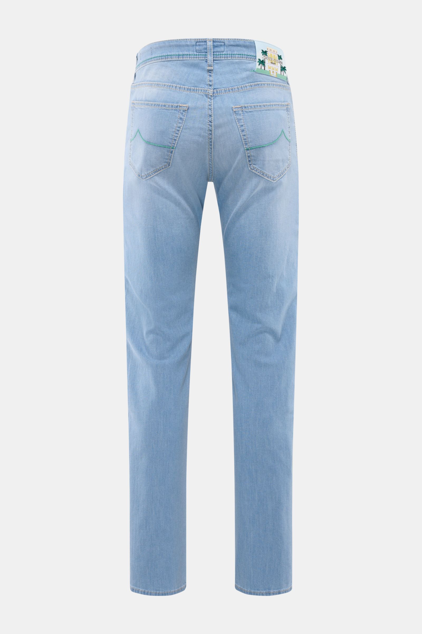 Rear view of Jacob Cohen Jeans 'Bard LTD' light blue with slim tapered fit, subtle used wash, contrasting calfskin patch, and back pocket stitching.

Description: Modern nonchalance combined with unmistakeable details like the distinctive calfskin patc