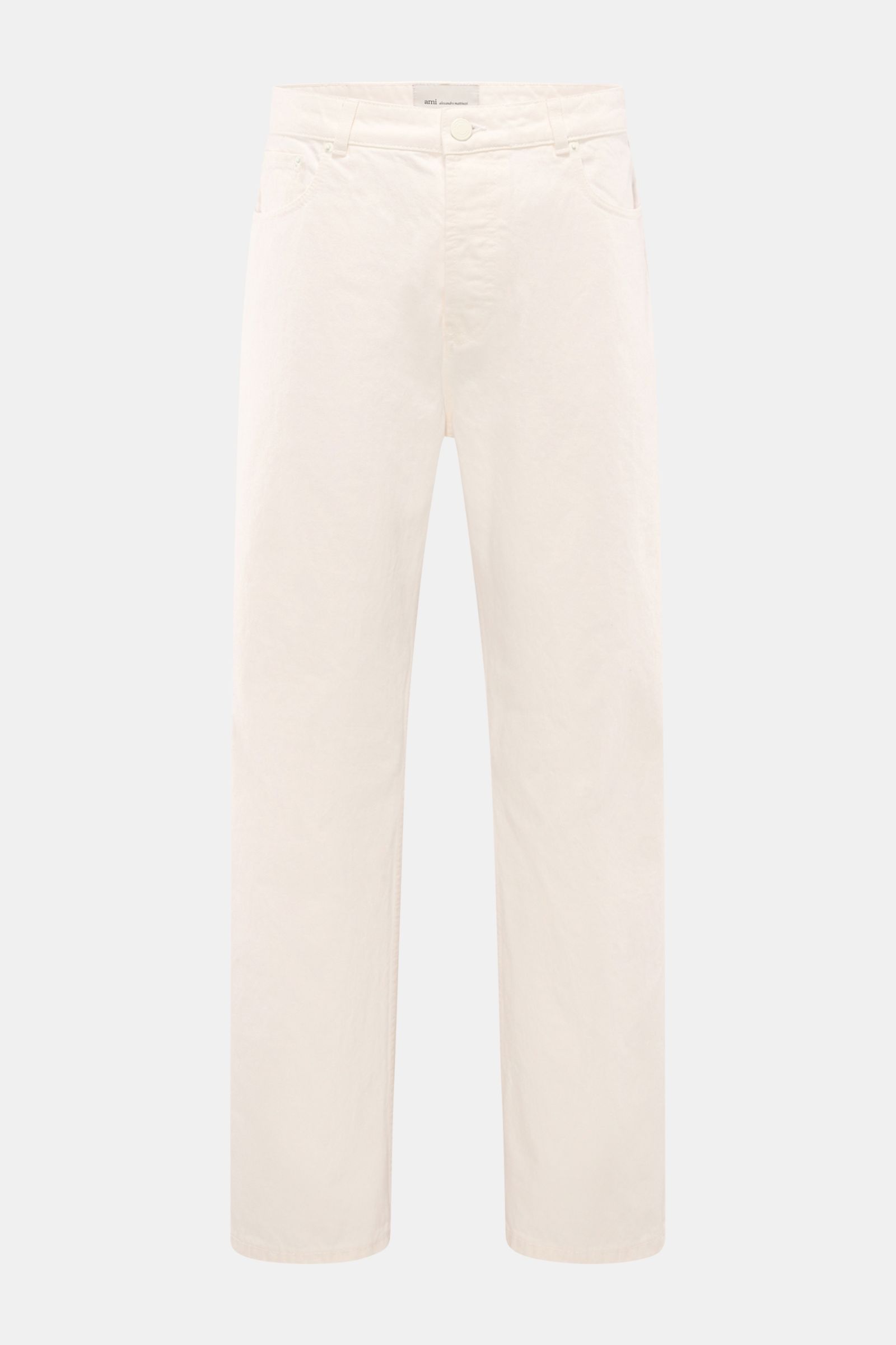 A front view of Ami Paris Jeans 'Large Fit' offwhite in pure cotton denim featuring a loose, straight cut with button fly, five pockets, authentic used wash, grippy quality, and a logo patch. Lässige Denim vom Pariser Label AMI PARIS: Mit dem Modell 'Larg