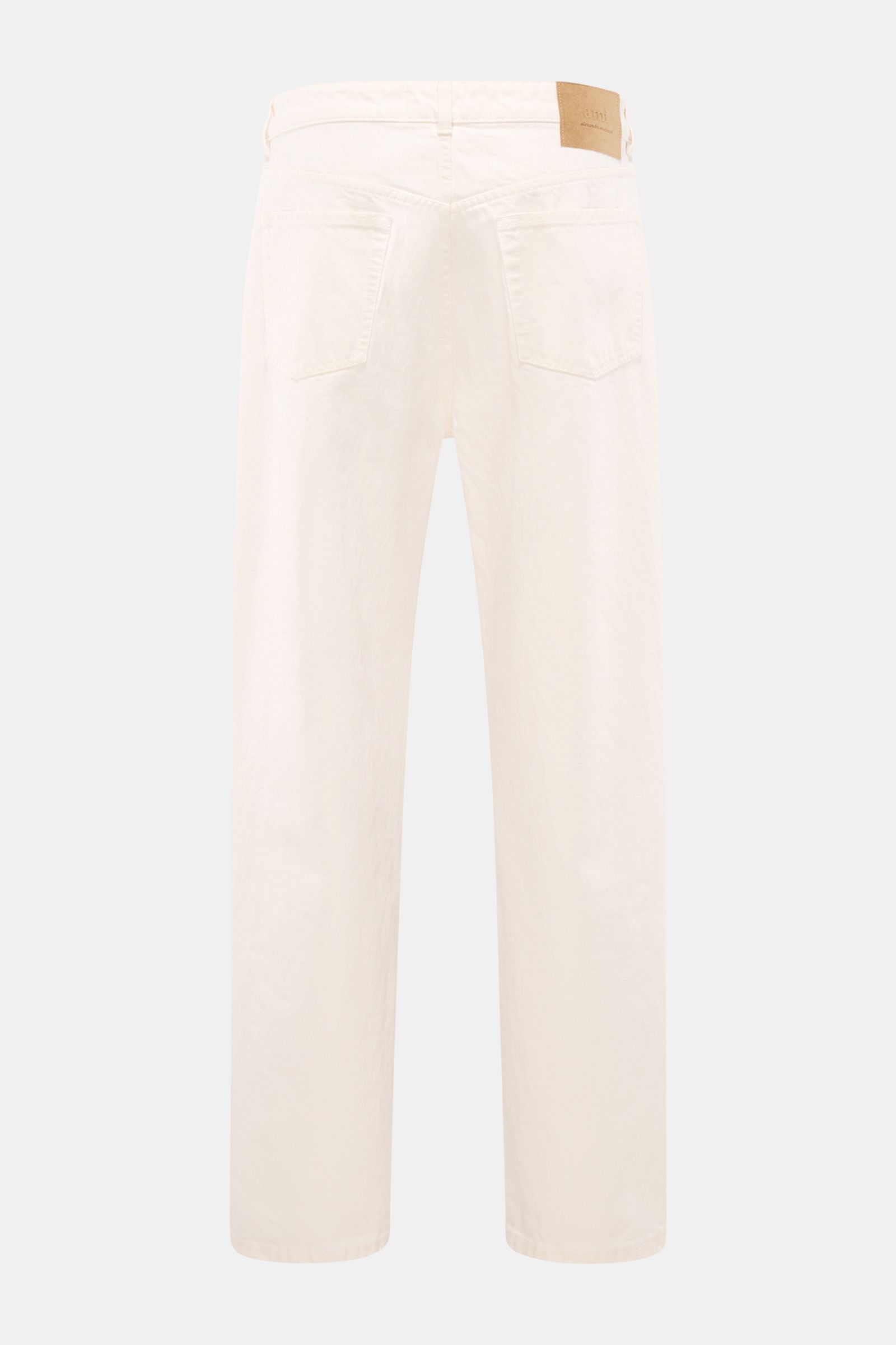 Rear view of Ami Paris Jeans 'Large Fit' offwhite in pure cotton denim with loose fit, straight cut, button fly, five-pocket style, and logo patch. Lässige Denim vom Pariser Label AMI PARIS: Mit dem Modell 'Large Fit' aus reinem Baumwoll-Denim sind Sie pe