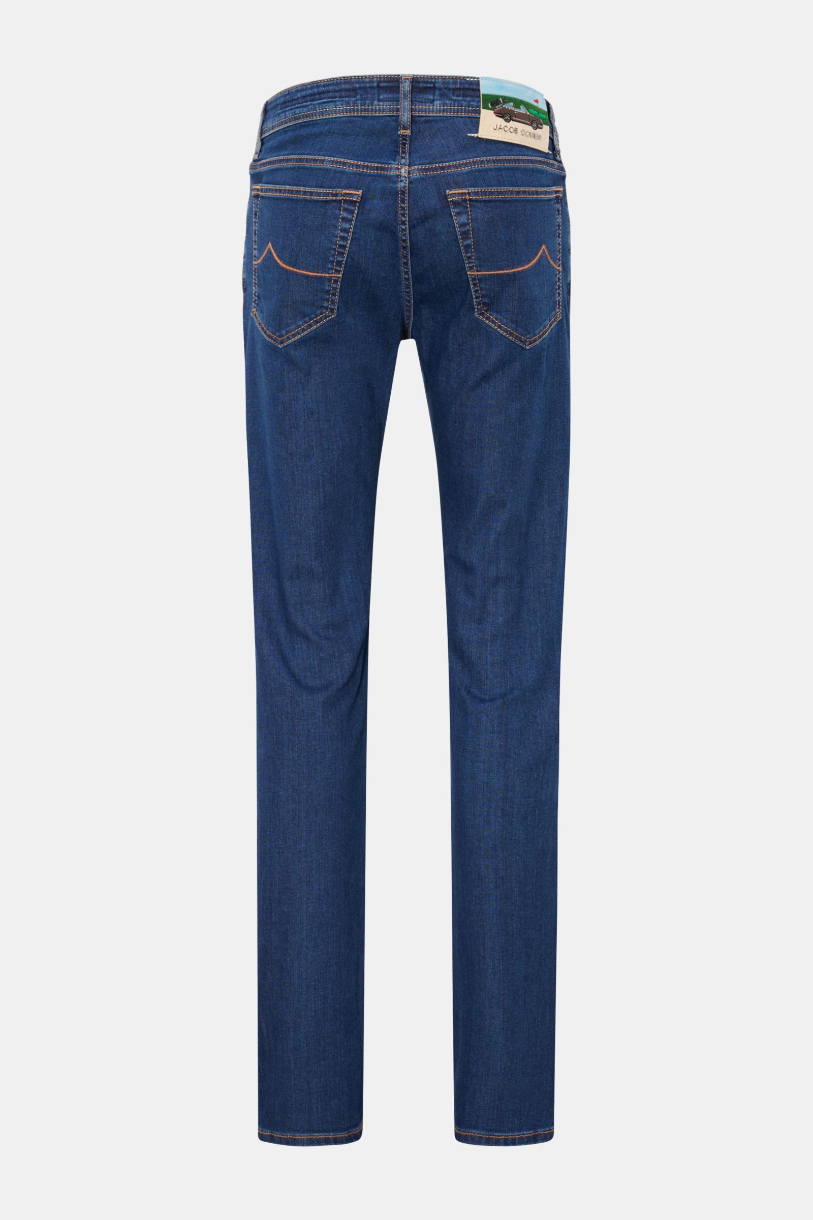 Jacob Cohen Jeans 'Bard' navy, Rückansicht, Slim Fit Denim mit weichem Griff, elastisch, Used-Waschung, Porsche-Patch am Bund.