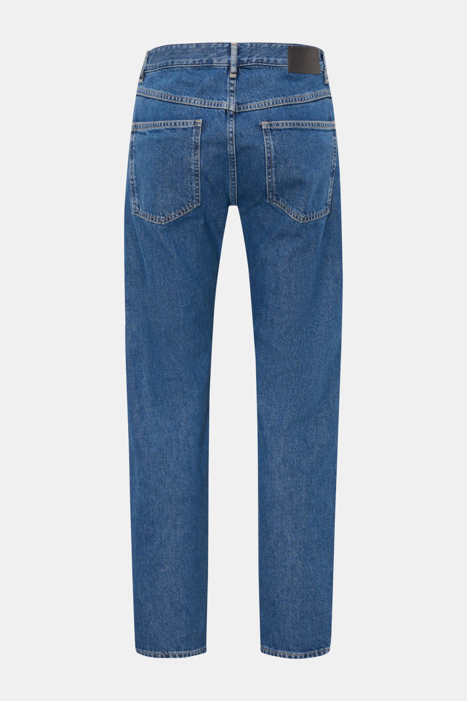 Closed Jeans 'Cooper' dunkelblau, Slim Fit, aus reiner Baumwolle, knöchellang, Used-Waschung, Five-Pocket-Stil, Rückansicht.