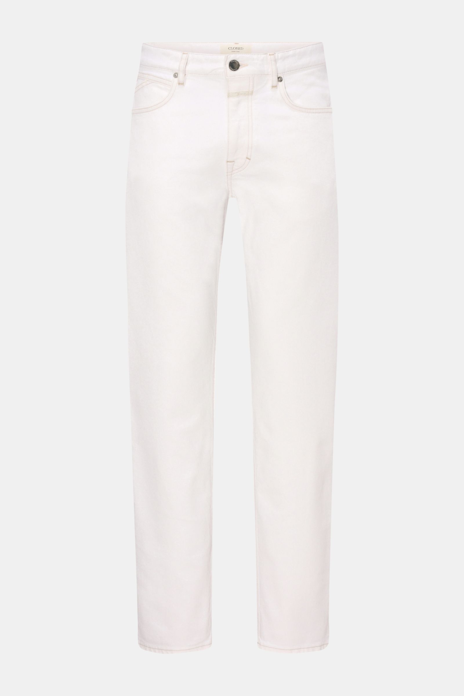 Closed Jeans 'Cooper' offwhite in Frontansicht, Slim Fit aus elastischer Baumwolle mit Used-Waschung, Five-Pocket-Stil, Zip Fly und rückwärtigem Patch.