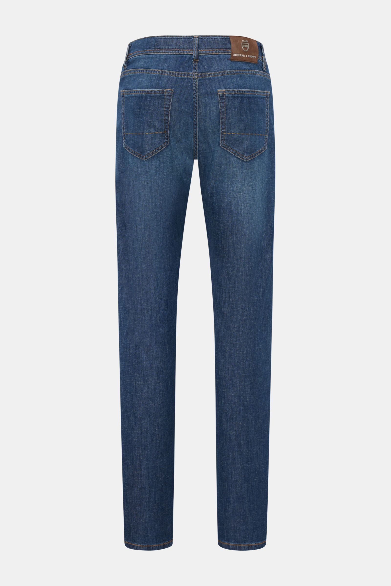 Rear view of Richard J. Brown Jeans 'Tokyo' dark blue, slim fit with tapered cut, button fly, five-pocket style, leather patch, and logo coin pocket; denim made of cotton, linen, and lyocell with a soft, slightly elastic feel, combining premium comfort an