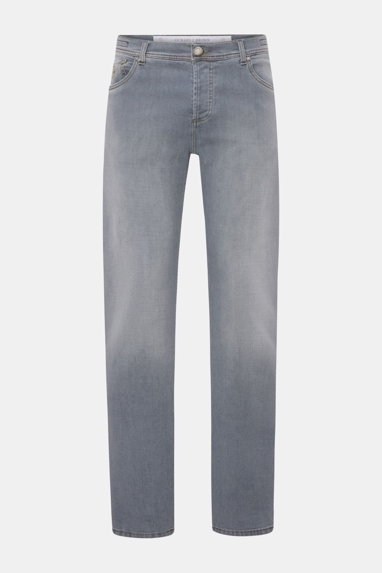 Richard J. Brown Jeans 'Tokyo' grau, frontale Ansicht, Slim Fit, schmal zulaufend, elastischer Denim, Button Fly, Five-Pocket-Stil, Leather Patch.