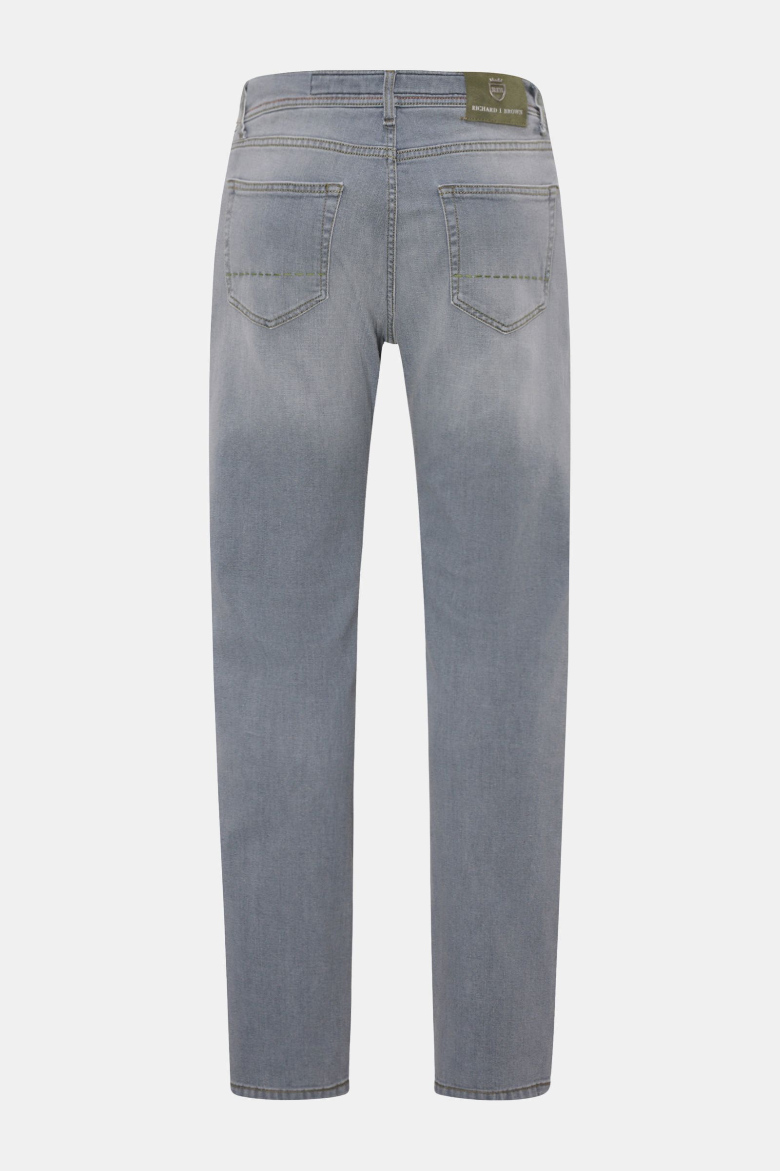 Richard J. Brown Jeans 'Tokyo' grau, Rückansicht, Slim Fit aus elastischer Baumwolle mit weichem Griff, Five-Pocket-Stil, Button Fly, Logo-Münztasche, Leather Patch.