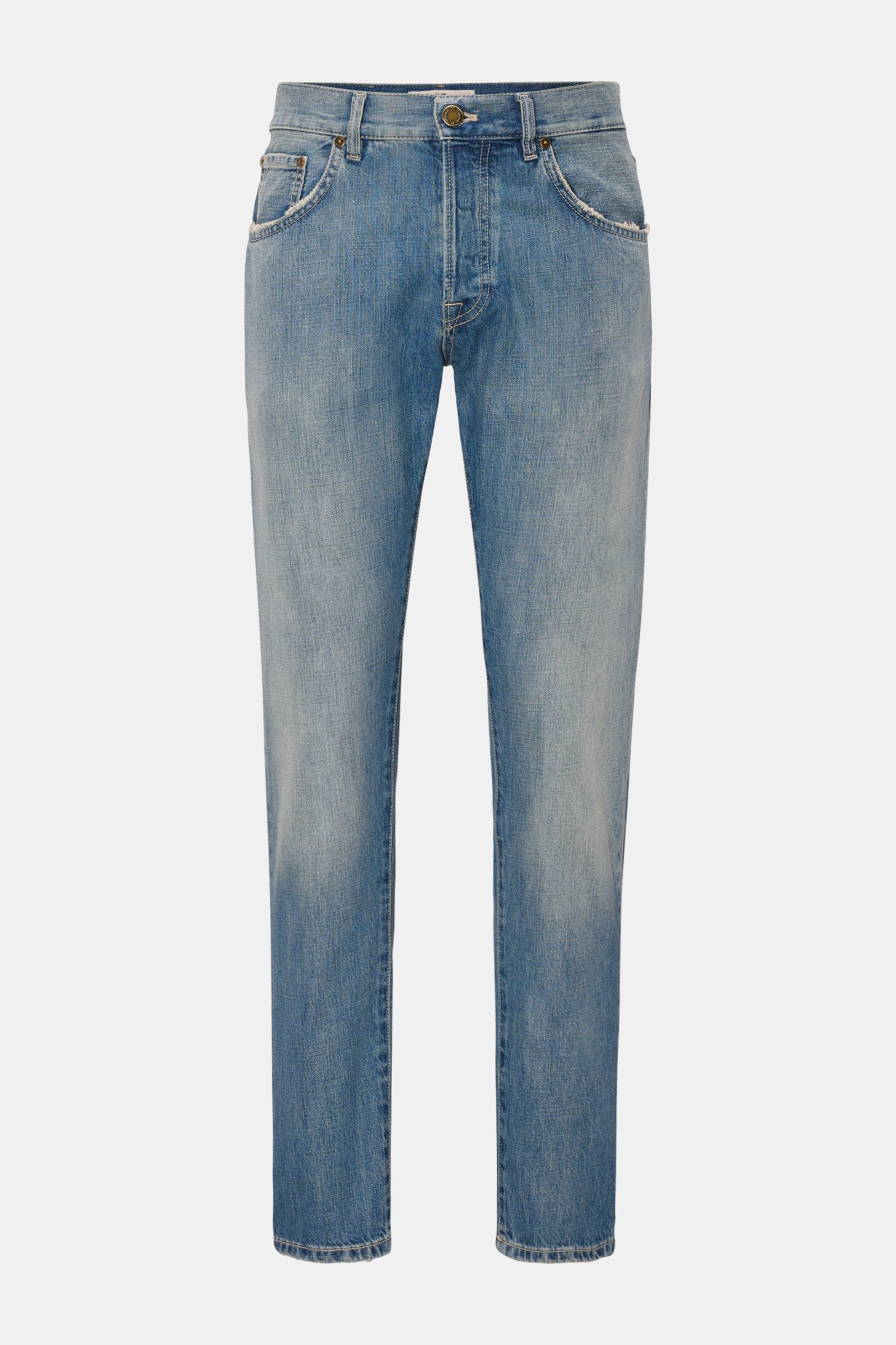 Front view of PT Torino Denim Jeans 'Breakbeat' smoky blue, slim fit with authentic used wash, subtle distressed effects, button fly, five-pocket style, and leather patch. Denim made of pure cotton with a soft feel, very tapered cut.