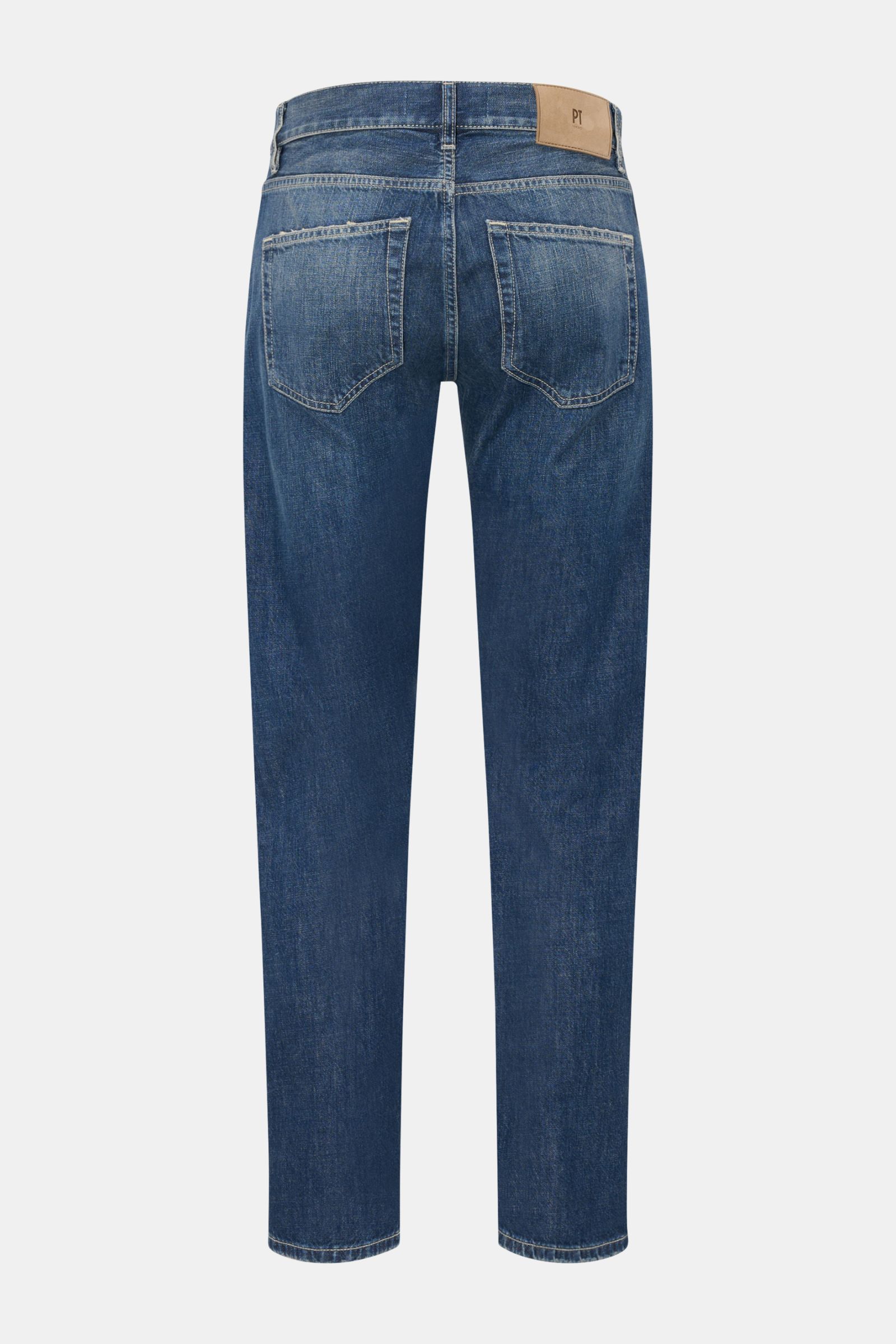 PT Torino Denim Jeans 'Breakbeat' dunkelblau, Rückansicht, knöchellang, tapered Fit, reine Baumwolle, Used-Waschung, Distressed-Effekte, Five-Pocket, Button Fly.
