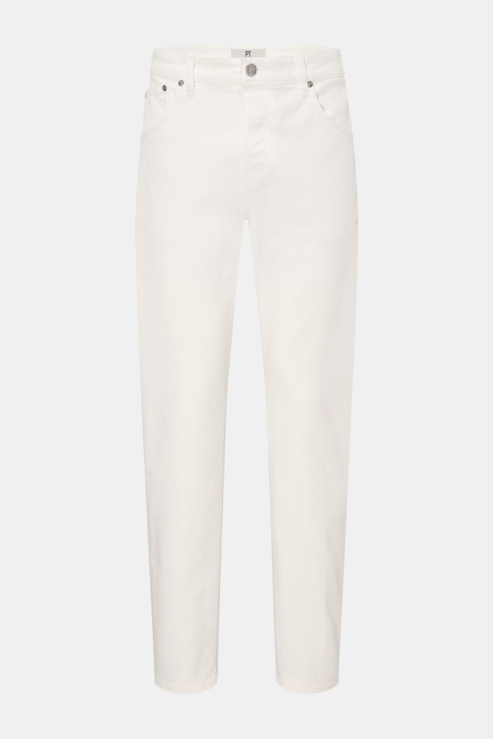 Front view of PT Torino Denim Jeans 'Reggae' off-white, cropped slim fit with tapered legs, button fly, five-pocket style, and contrasting logo patch. 

The cropped model 'Reggae' by Italian label PT TORINO DENIM is a casual pair of jeans made of sligh
