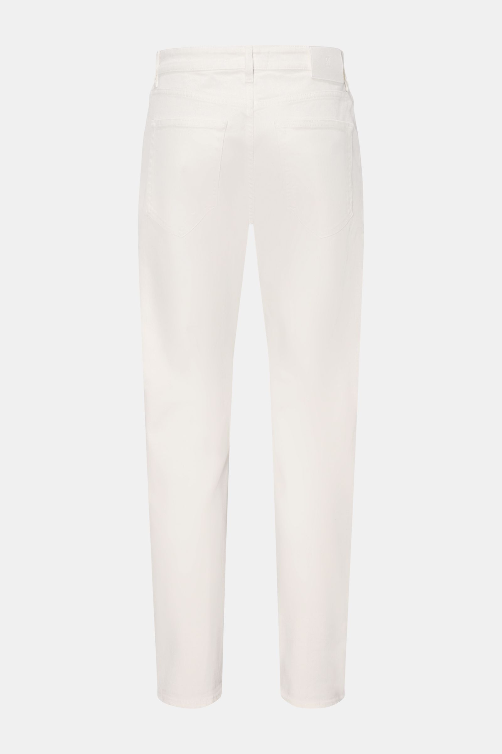 PT Torino Denim Jeans 'Reggae' off-white shown from the back, cropped, slim fit with very tapered, short cut, button fly, five-pocket style, contrasting logo patch, made of slightly elasticated cotton for a soft feel and extra comfort. 

The cropped mo