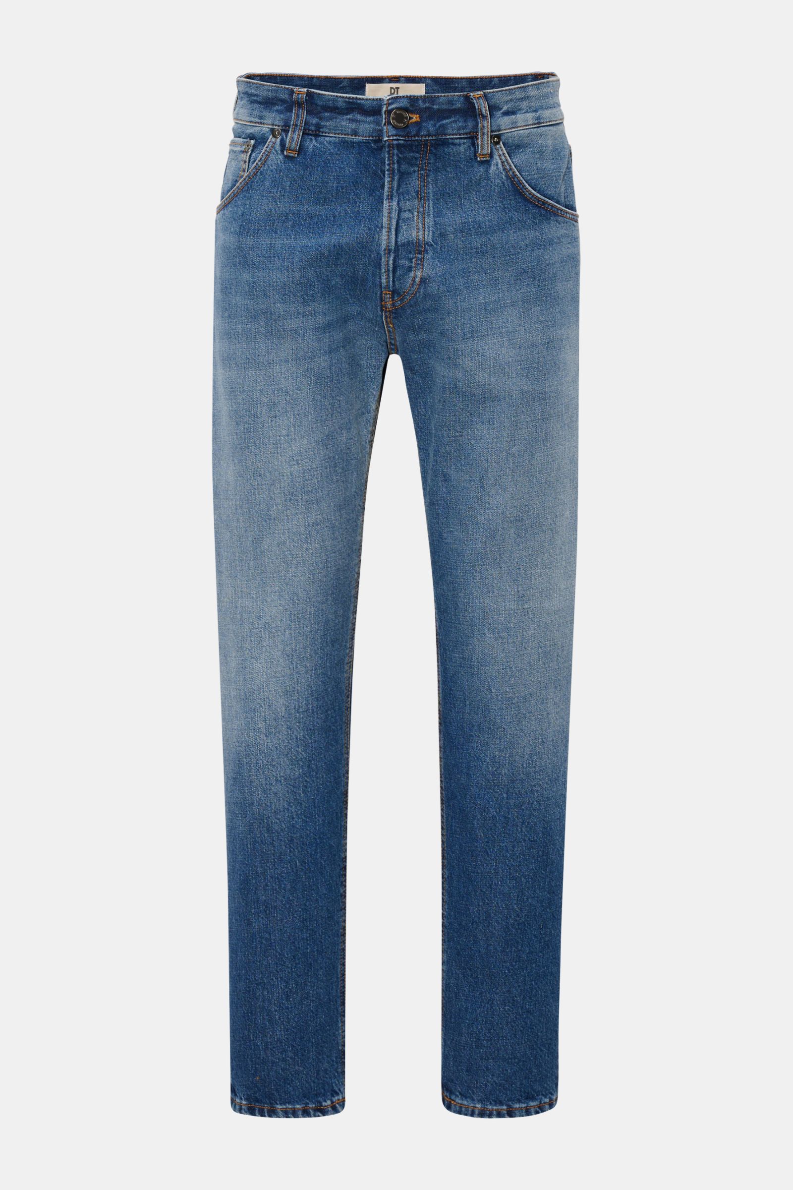 Front view of PT Torino Denim Jeans 'Rebel Fit' smoky blue, classic authentic denim with subtle used finish, tapered fit, ankle length, button fly, five-pocket style, and leather patch. A classic with a twist: The jeans 'Rebel' by PT TORINO are made of au