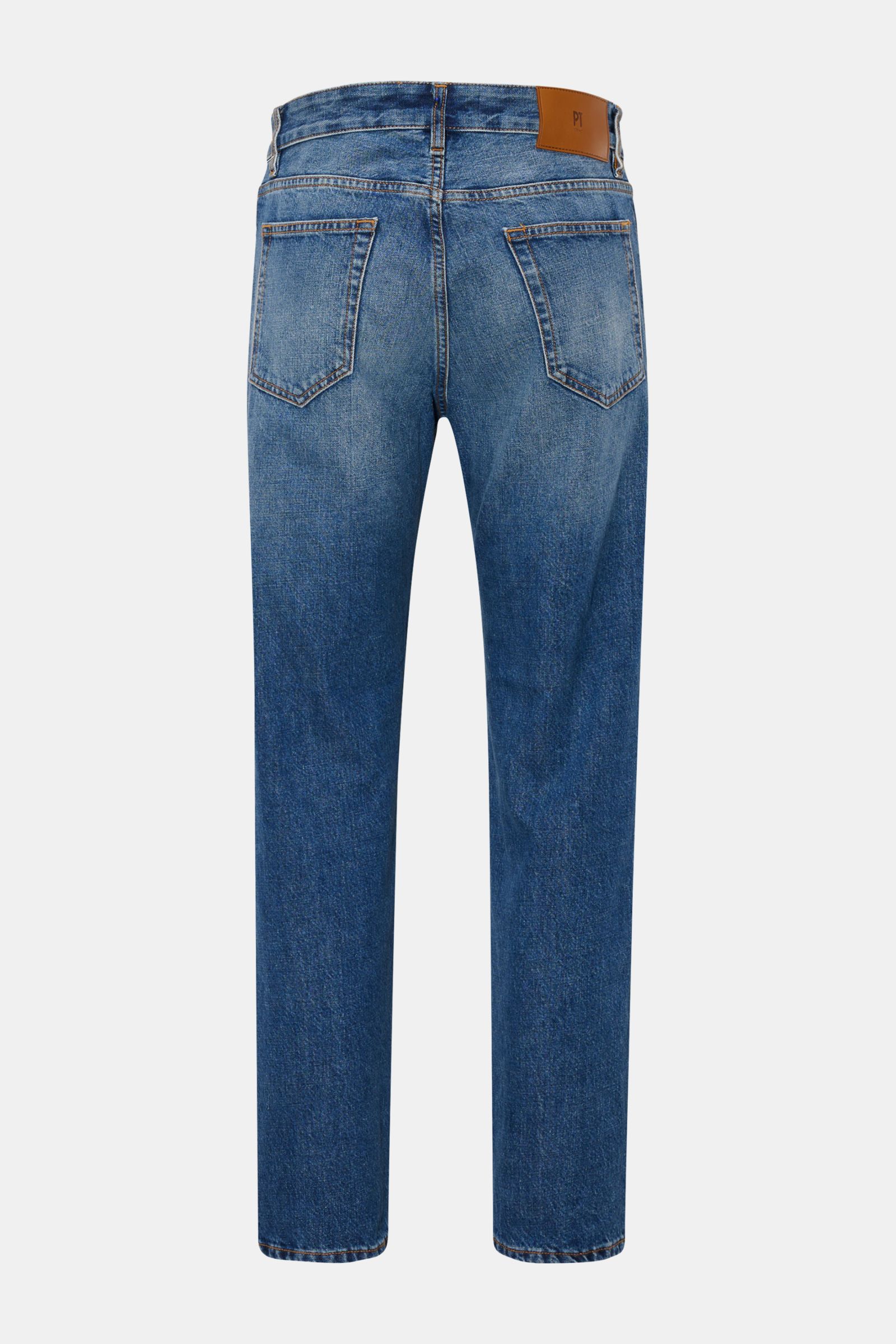 Rear view of PT Torino Denim Jeans 'Rebel Fit' smoky blue, classic authentic denim with subtle used finish, tapered fit, ankle length, button fly, five-pocket style, leather patch.

Description: A classic with a twist: The jeans 'Rebel' by PT TORINO ar