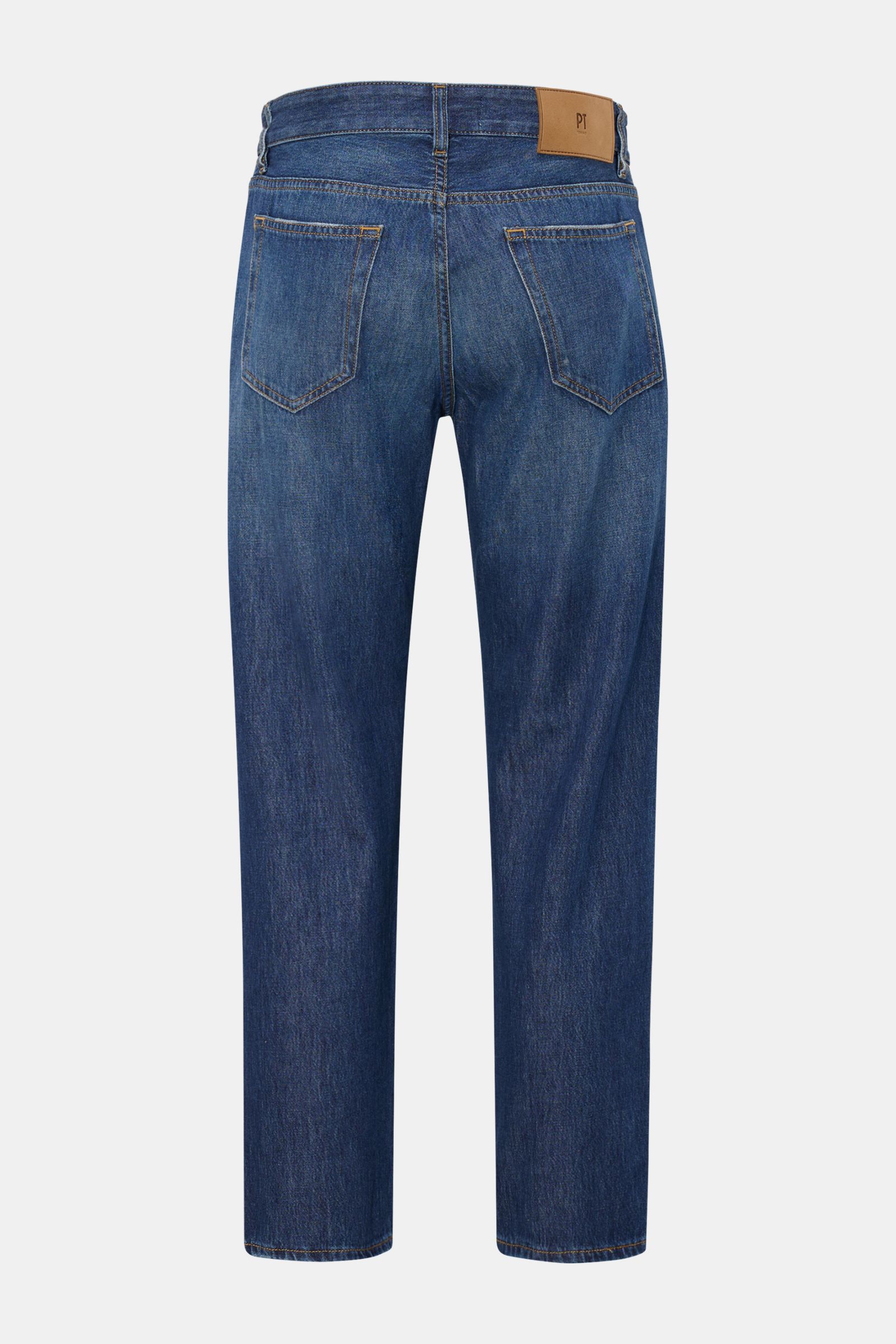 Rückansicht der PT Torino Denim Jeans 'Rebel' graublau aus reiner Baumwolle mit Used-Waschung, Tapered Fit, Five-Pocket-Stil und Veloursleder-Patch.