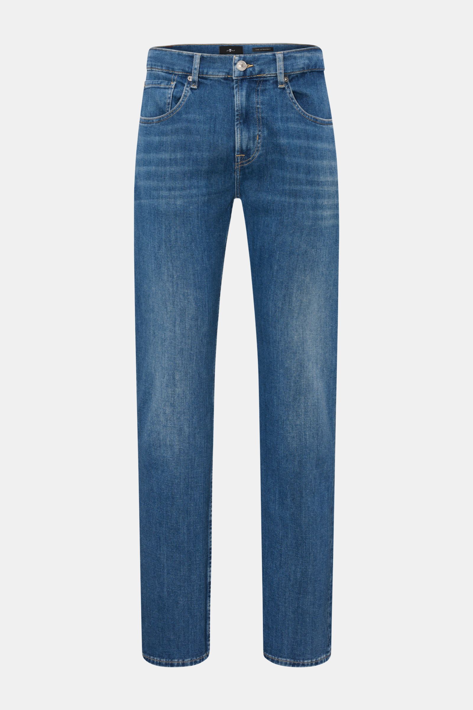 Front view of 7 for all mankind Jeans 'The Straight' blue, high waist with subtle used wash, regular fit, slight taper, five-pocket style. 

'The Straight' model by denim label 7 FOR ALL MANKIND will become your new favourite jeans: with an authentic b
