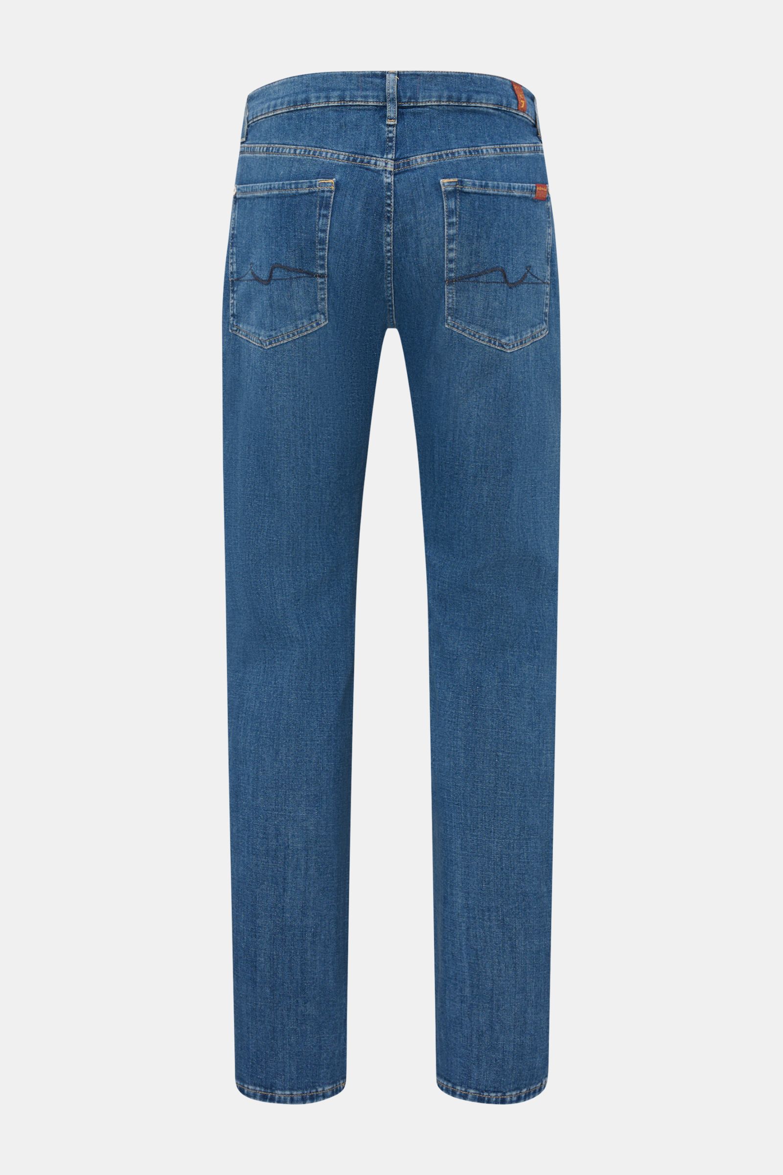 7 for all mankind Jeans 'The Straight' blue shown from the back, high waist, regular fit, slightly tapered, elasticated cotton, soft feel, subtle used wash, five-pocket style with tonal stitching and small woven label, zip fly. The Straight model by denim
