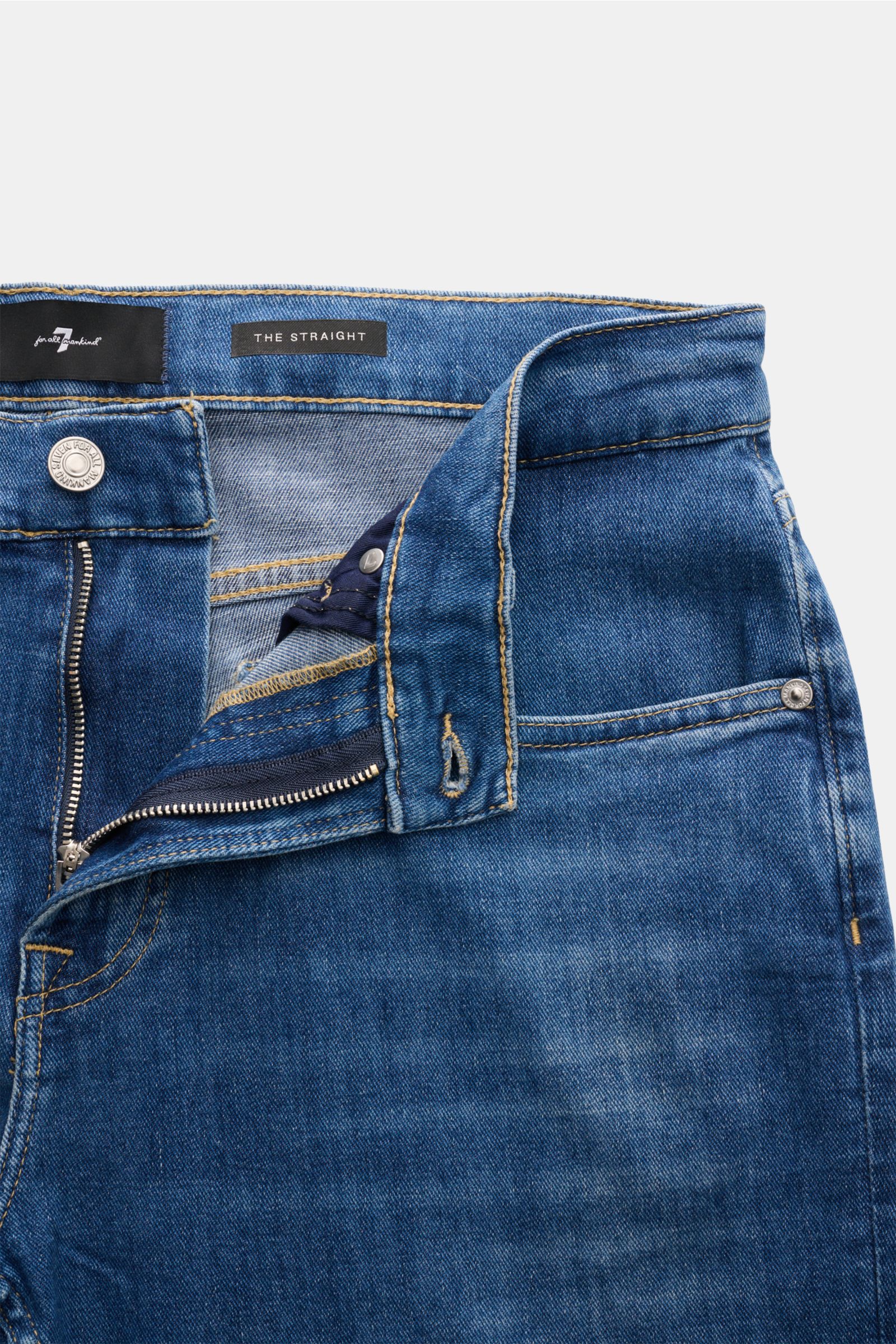 7 for all mankind Jeans 'The Straight' blue shown from front close-up with zip fly, high waist, subtle used wash, elasticated cotton, soft feel.