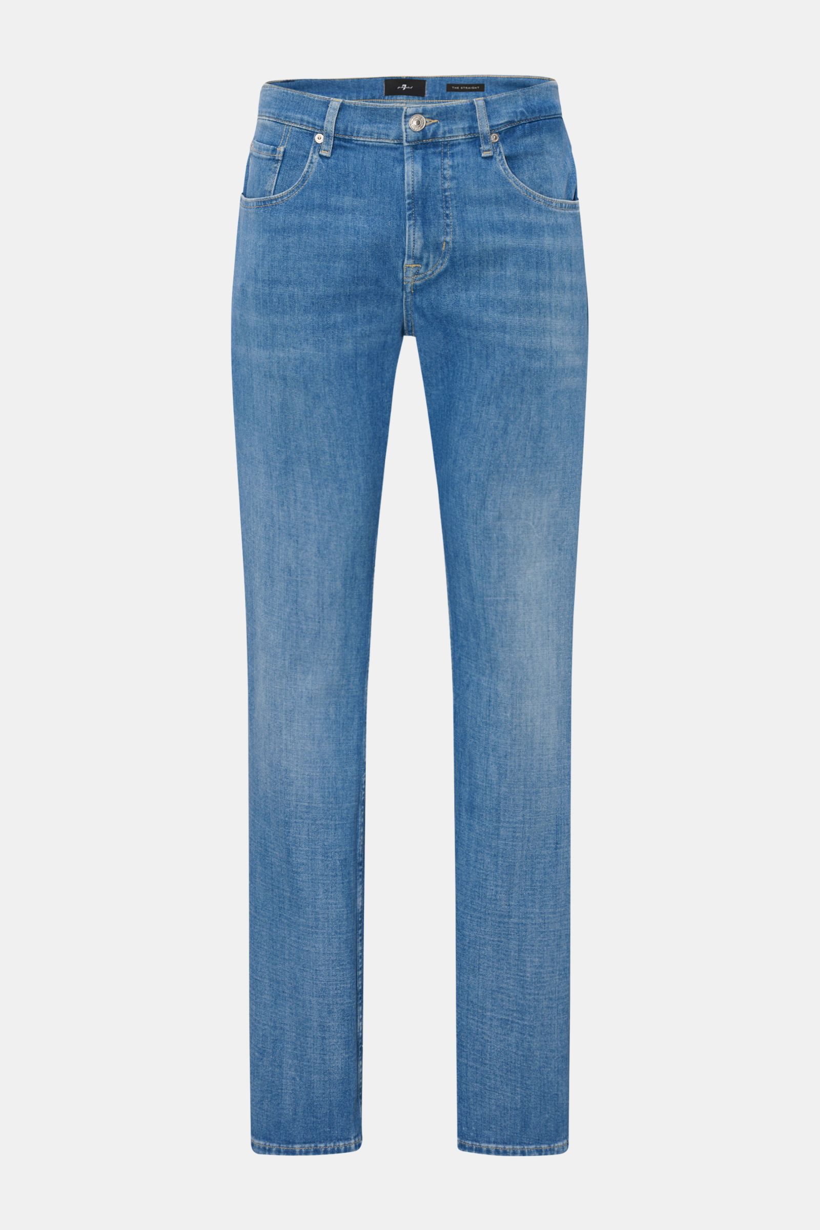 7 for all mankind Jeans 'The Straight' blau, Frontansicht, Regular Fit, Five-Pocket-Stil, Zip Fly, elastischer Baumwoll-Denim mit leichter Waschung.